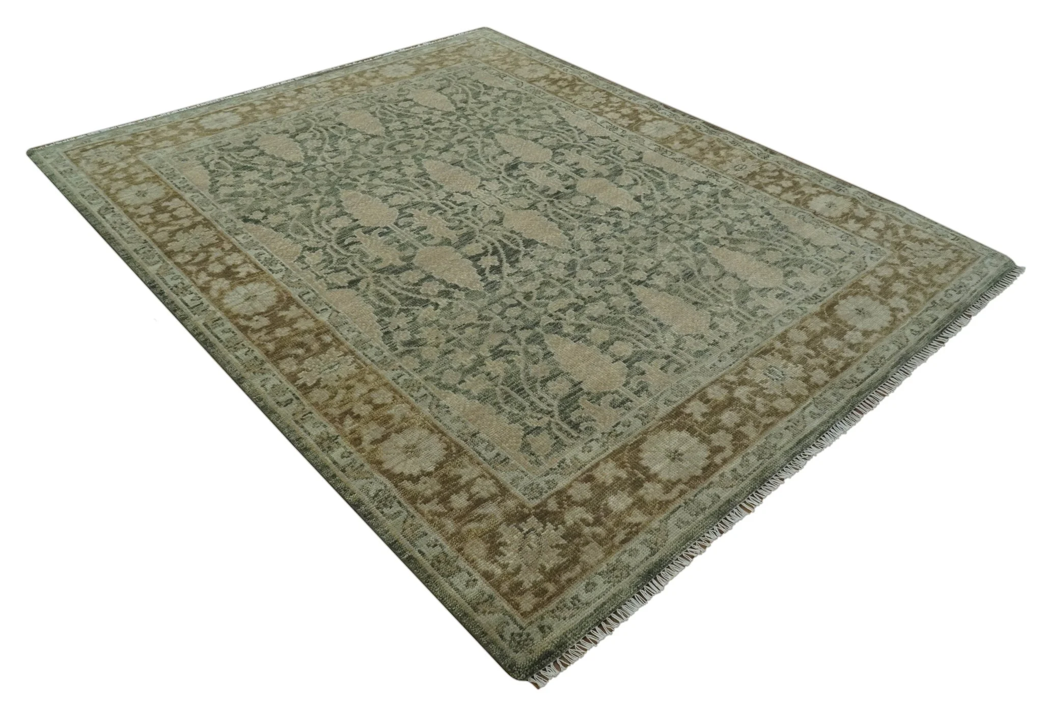 Antique look vintage style 8x10 Green, Beige and Brown traditional Hand Knotted wool rug - Image 9
