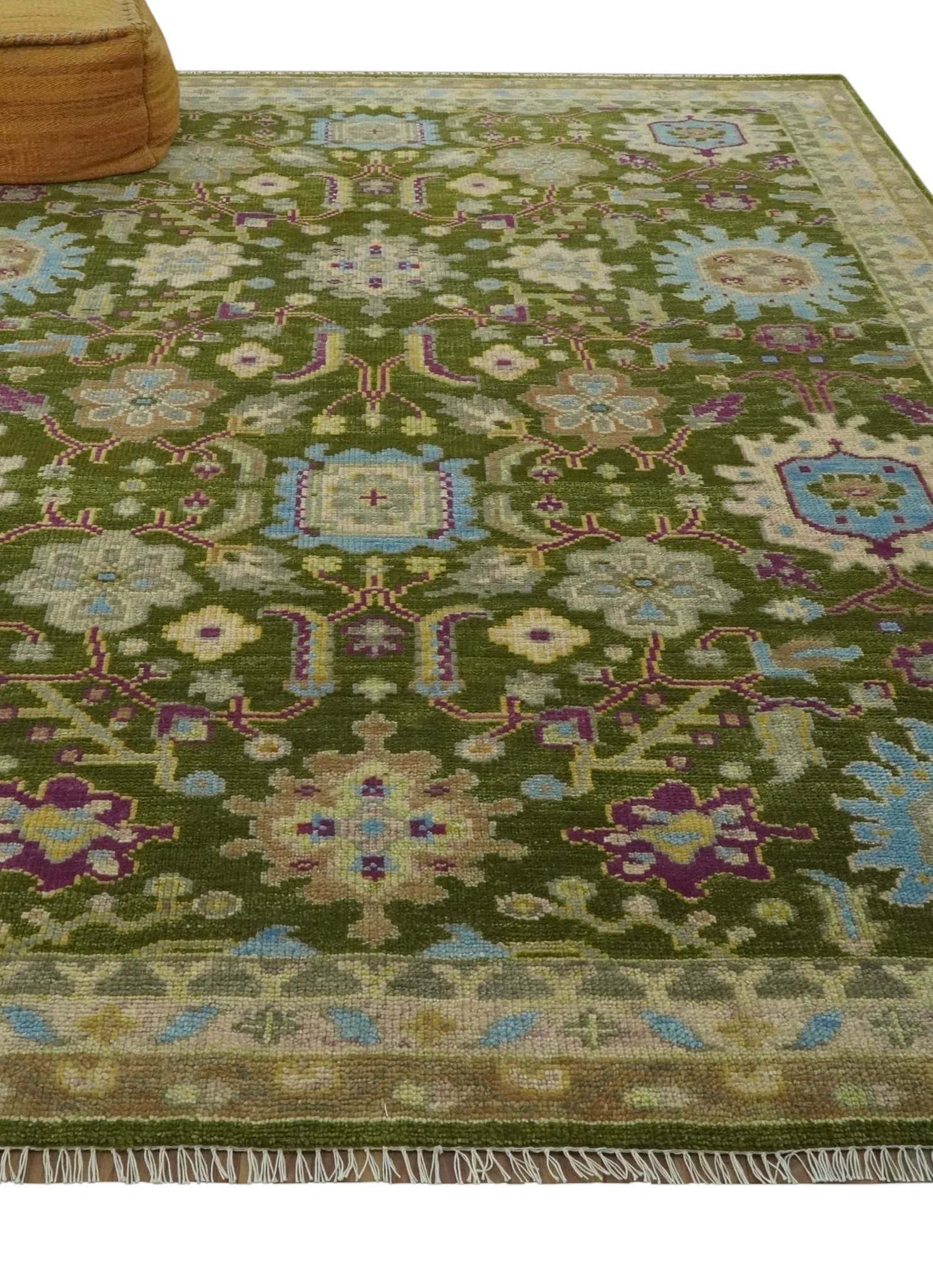 Green, Beige and Purple 8x10 Hand Knotted Traditional Oushak wool area rug - Image 3