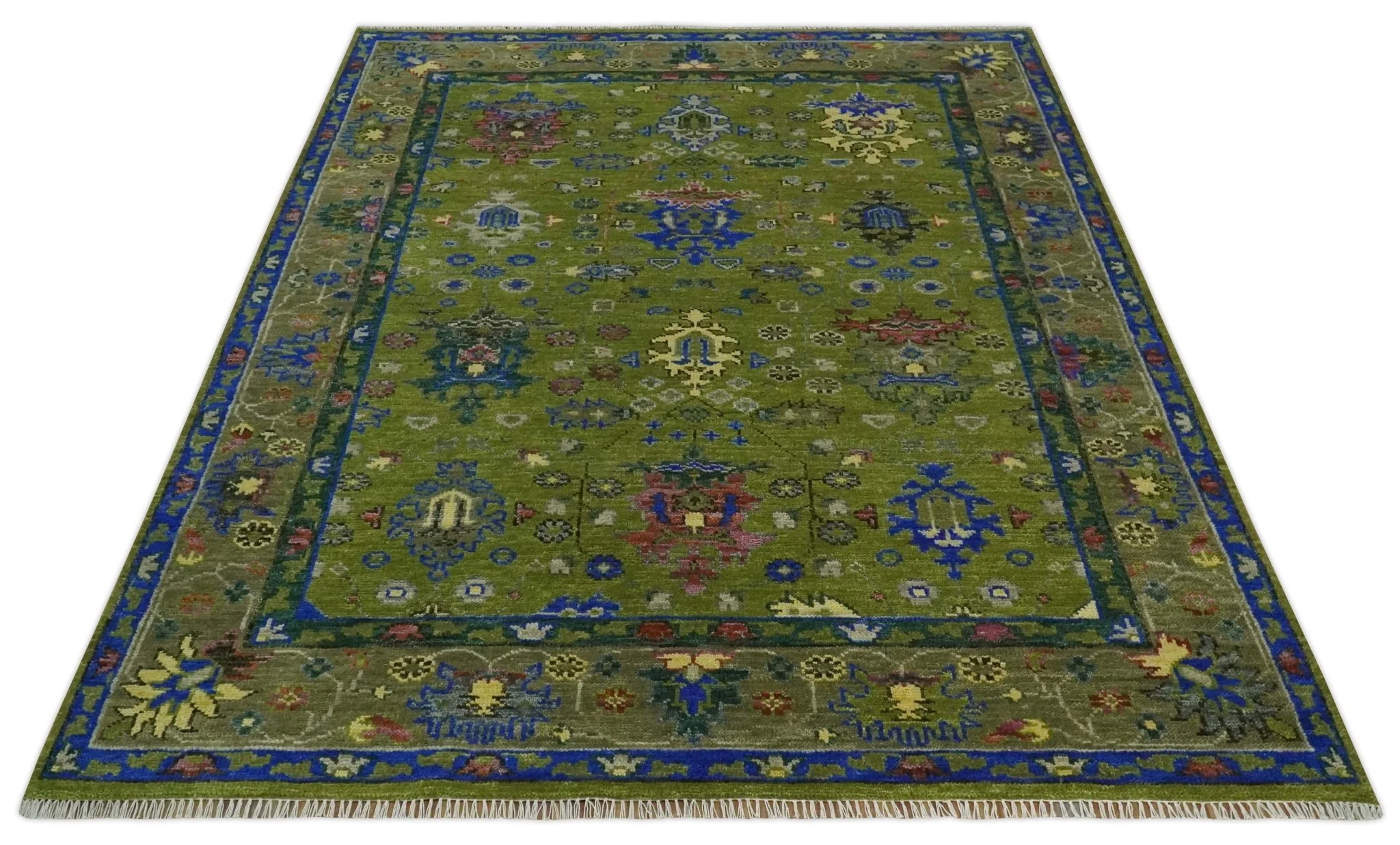Green, Blue and Brown Hand knotted 8x10 Traditional Oushak wool Area Rug - Image 12