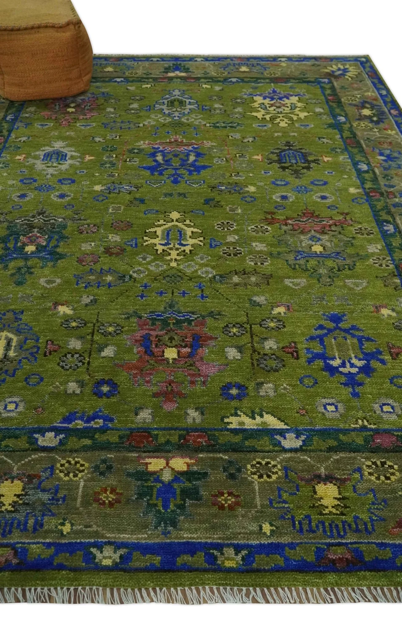 Green, Blue and Brown Hand knotted 8x10 Traditional Oushak wool Area Rug - Image 3
