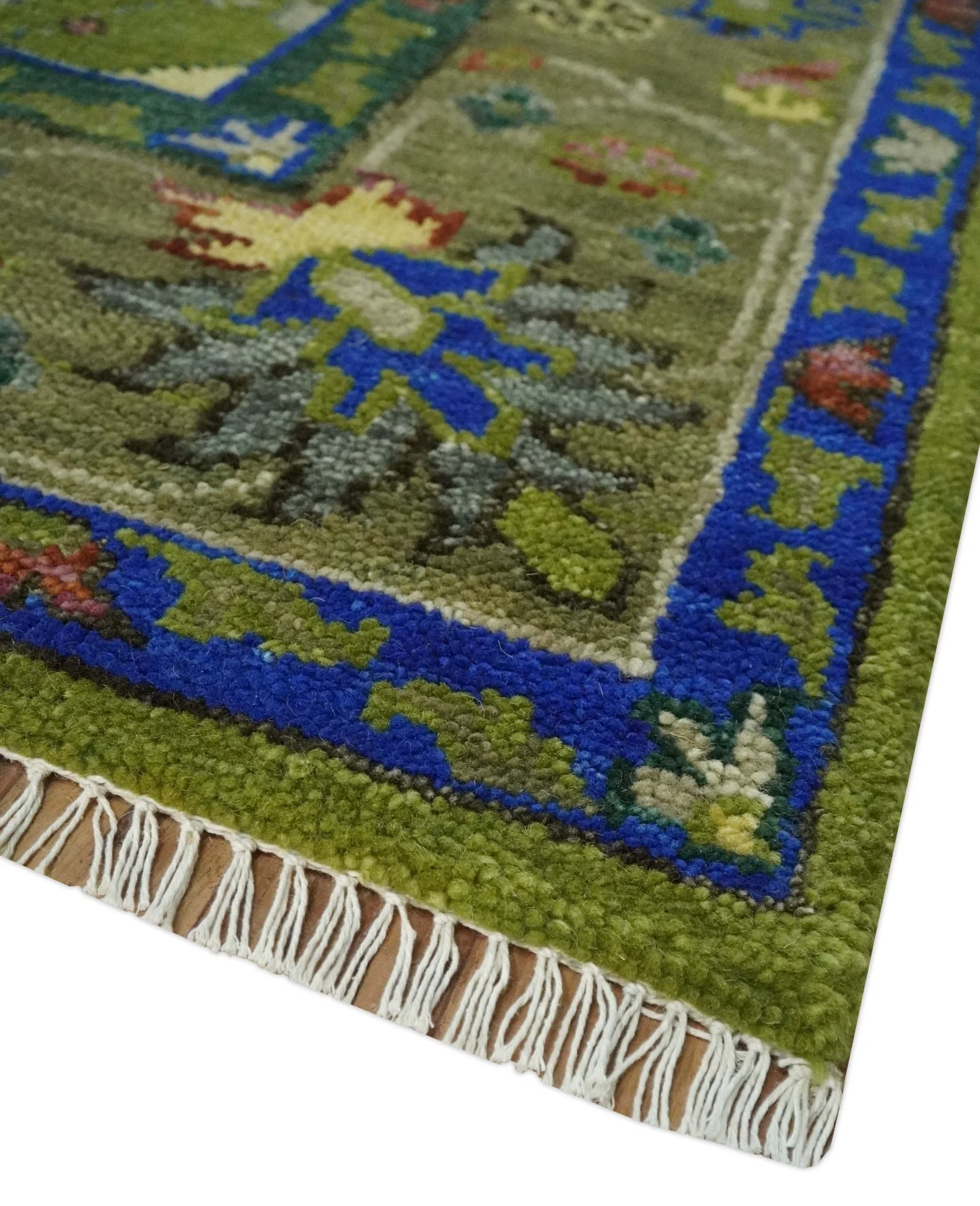 Green, Blue and Brown Hand knotted 8x10 Traditional Oushak wool Area Rug - Image 5