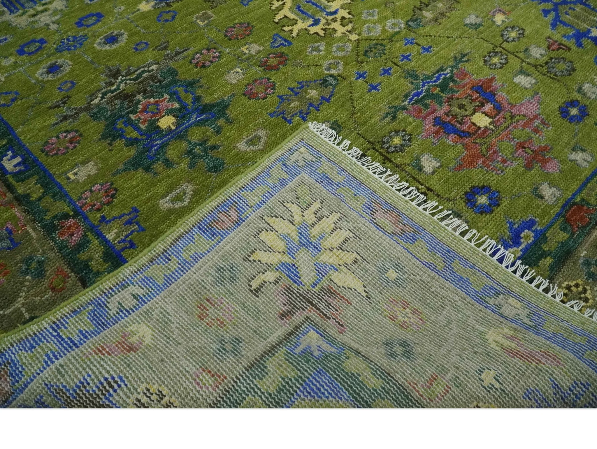 Green, Blue and Brown Hand knotted 8x10 Traditional Oushak wool Area Rug - Image 7