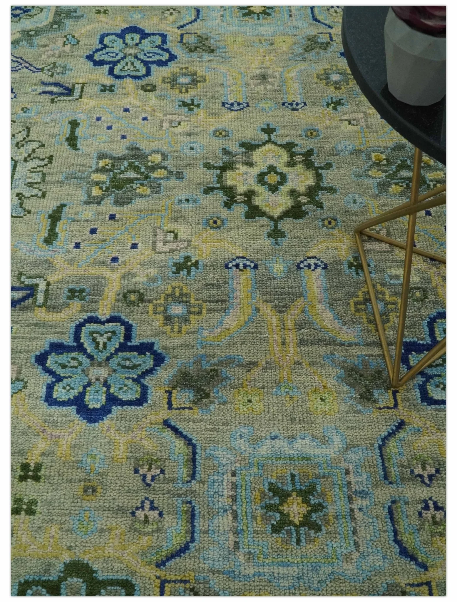 Green, Blue and Mustard Hand Knotted 8x10 Traditional Oushak wool area rug - Image 2