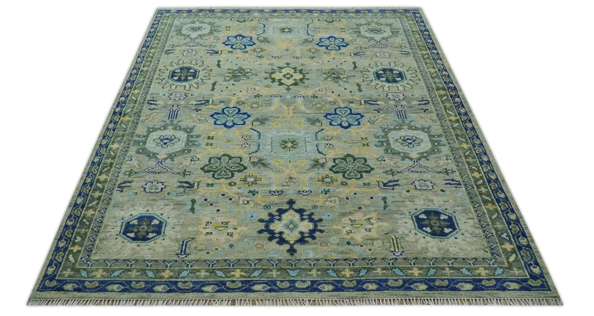 Green, Blue and Mustard Hand Knotted 8x10 Traditional Oushak wool area rug - Image 3