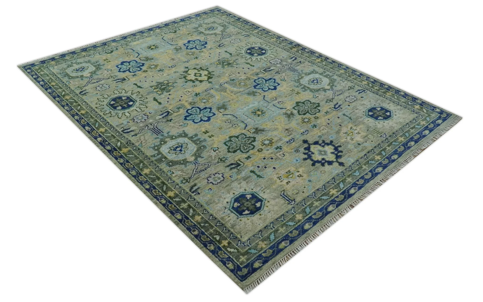 Green, Blue and Mustard Hand Knotted 8x10 Traditional Oushak wool area rug - Image 4
