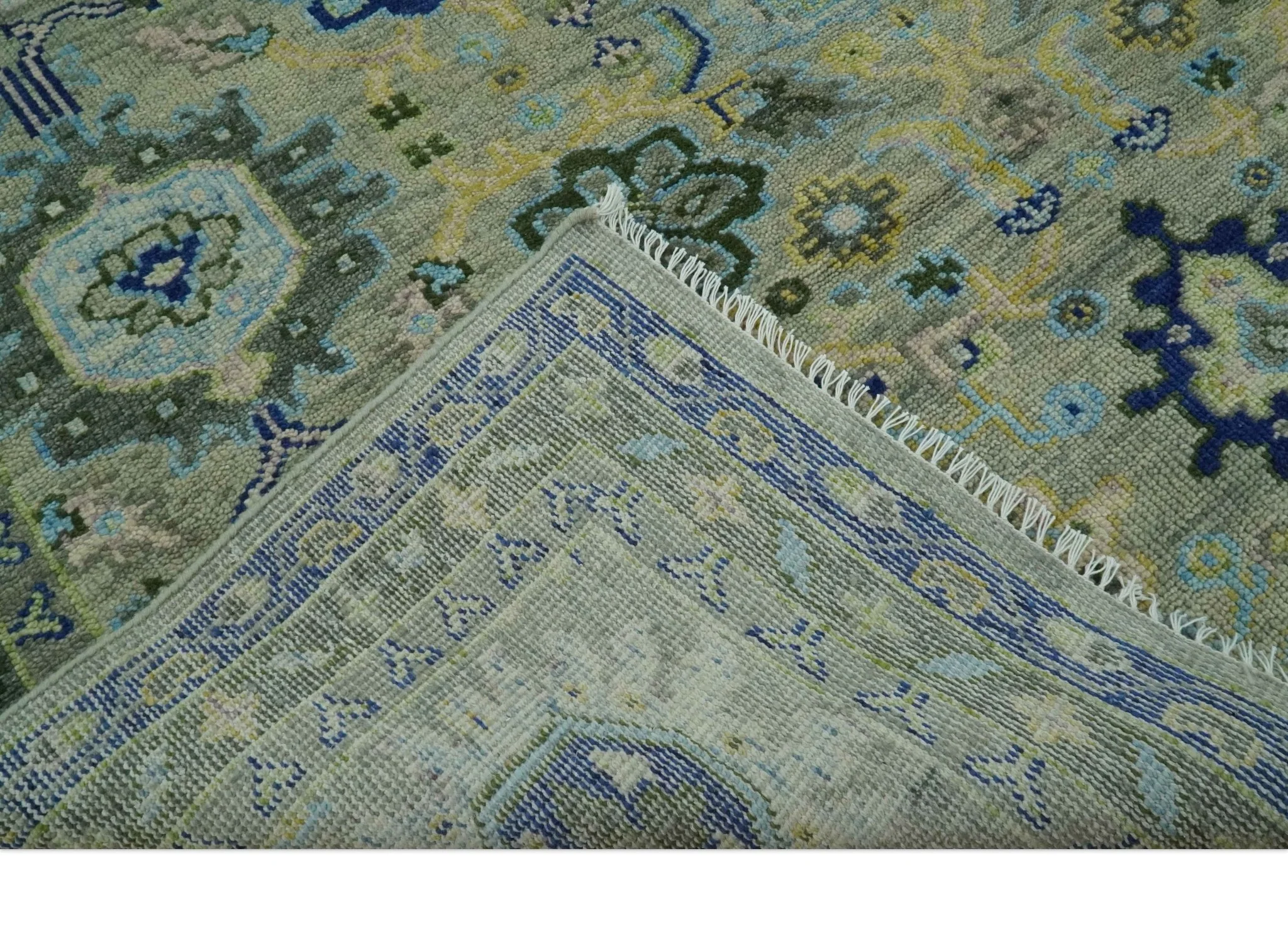 Green, Blue and Mustard Hand Knotted 8x10 Traditional Oushak wool area rug - Image 7