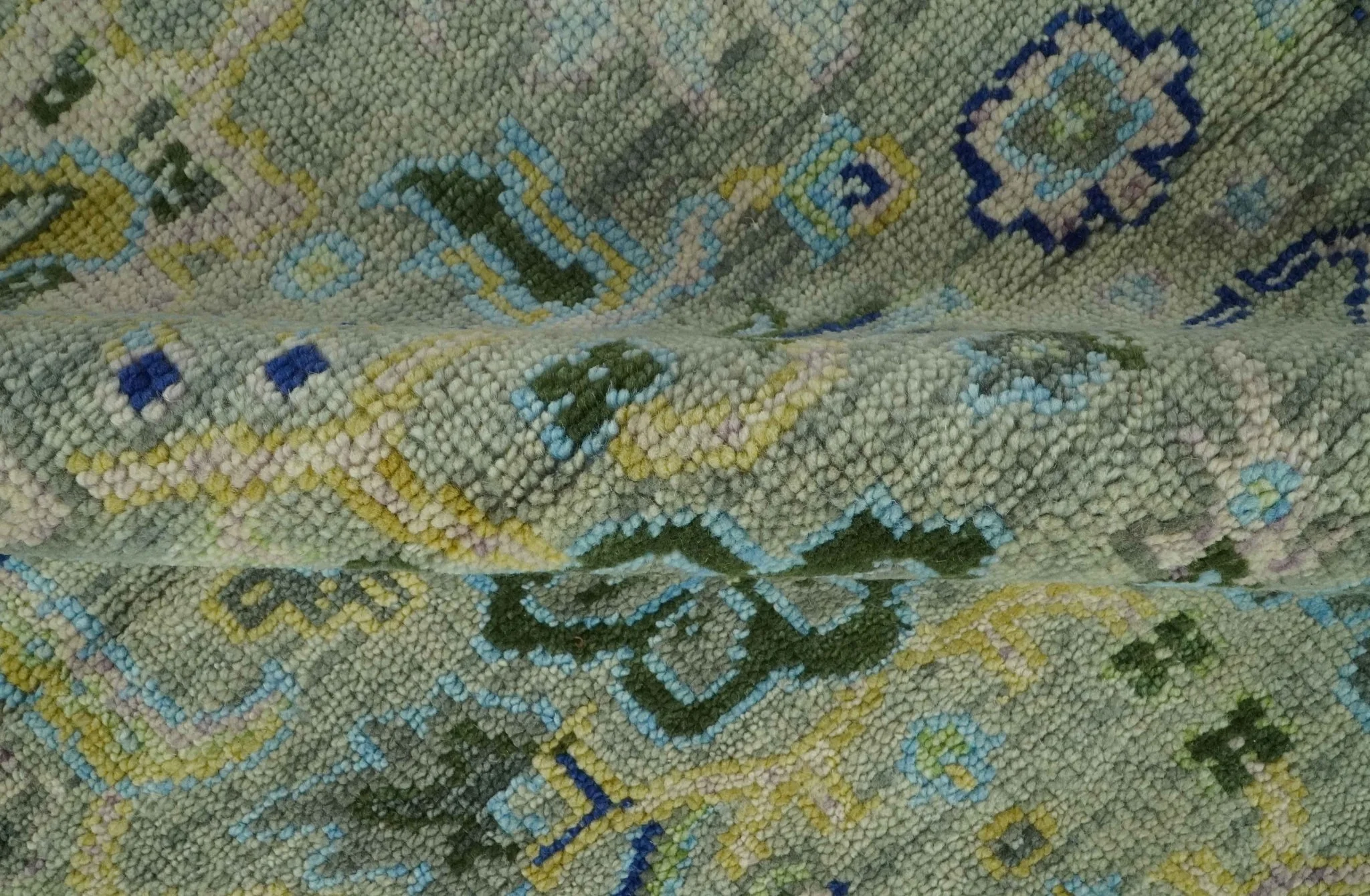 Green, Blue and Mustard Hand Knotted 8x10 Traditional Oushak wool area rug - Image 8