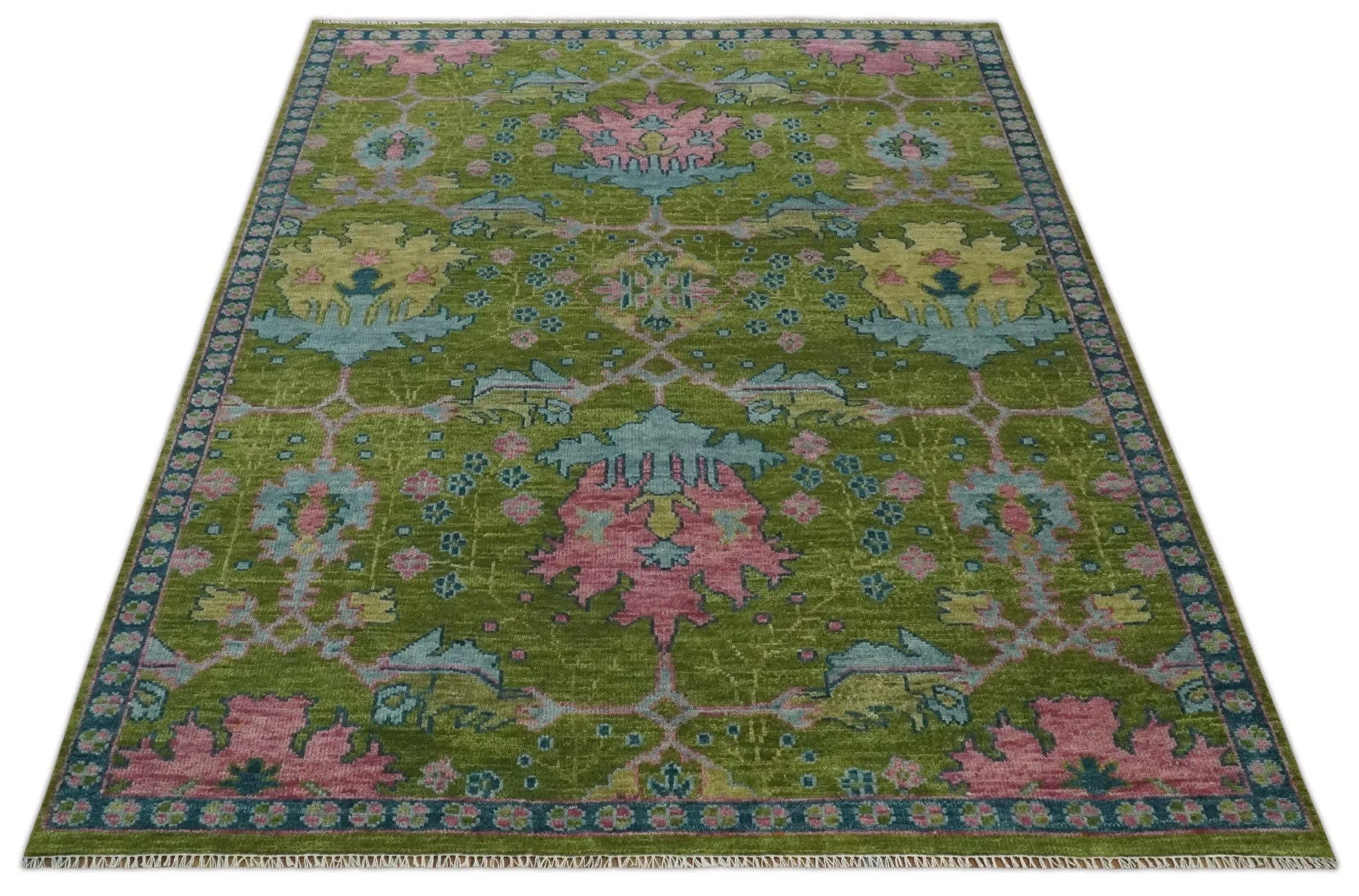 Moss Green, Blue and Peach Hand Knotted Vibrant colorful Donegal Design Multi Size Wool Area Rug - Image 11