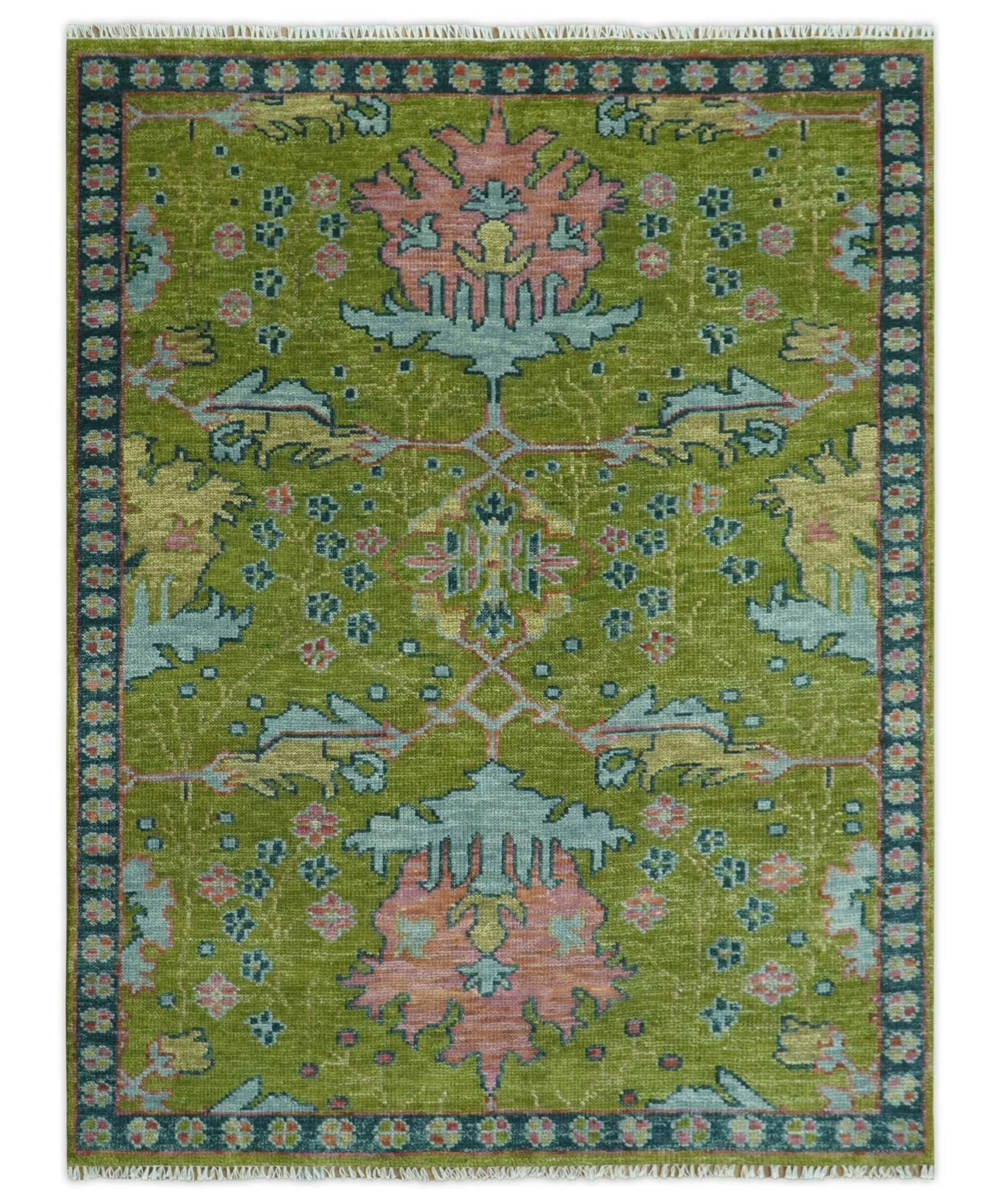 Moss Green, Blue and Peach Hand Knotted Vibrant colorful Donegal Design Multi Size Wool Area Rug - Image 12