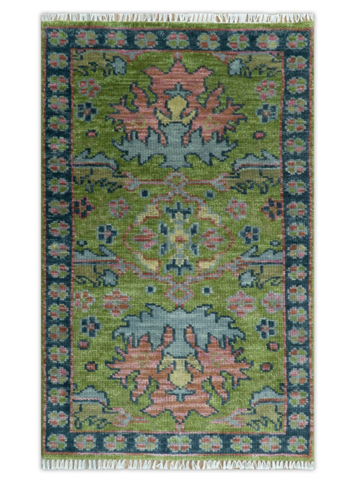 Moss Green, Blue and Peach Hand Knotted Vibrant colorful Donegal Design Multi Size Wool Area Rug - Image 13