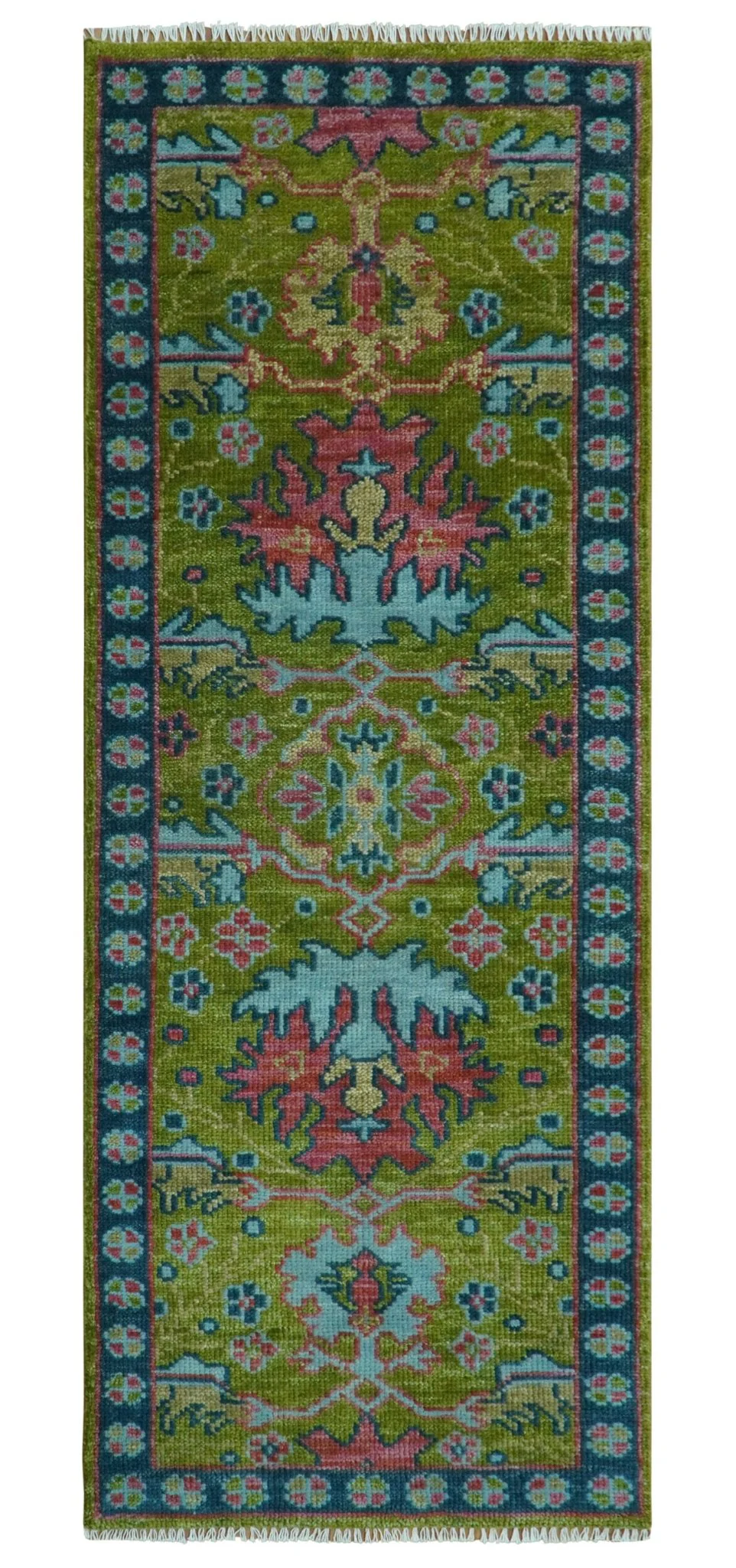 Moss Green, Blue and Peach Hand Knotted Vibrant colorful Donegal Design Multi Size Wool Area Rug - Image 14