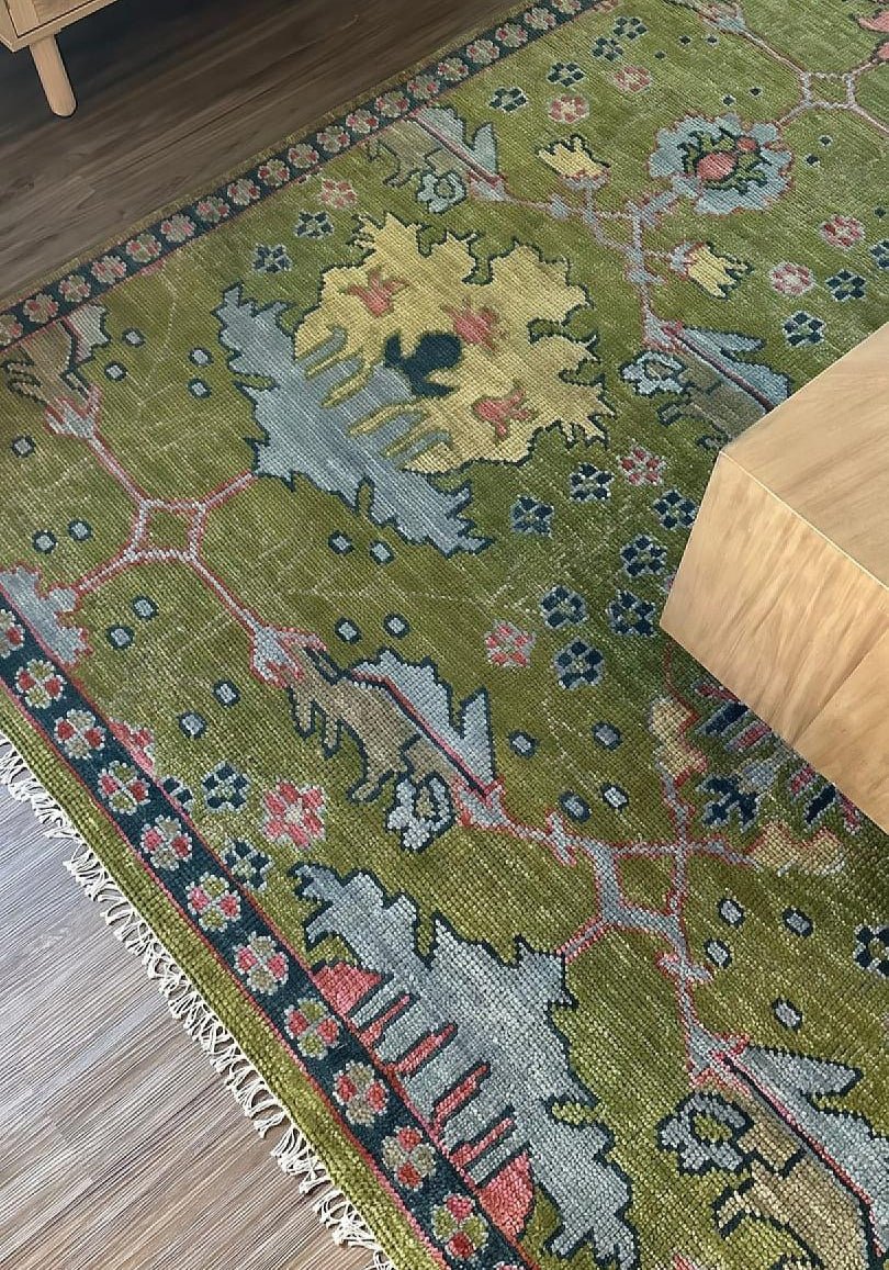 Moss Green, Blue and Peach Hand Knotted Vibrant colorful Donegal Design Multi Size Wool Area Rug - Image 2