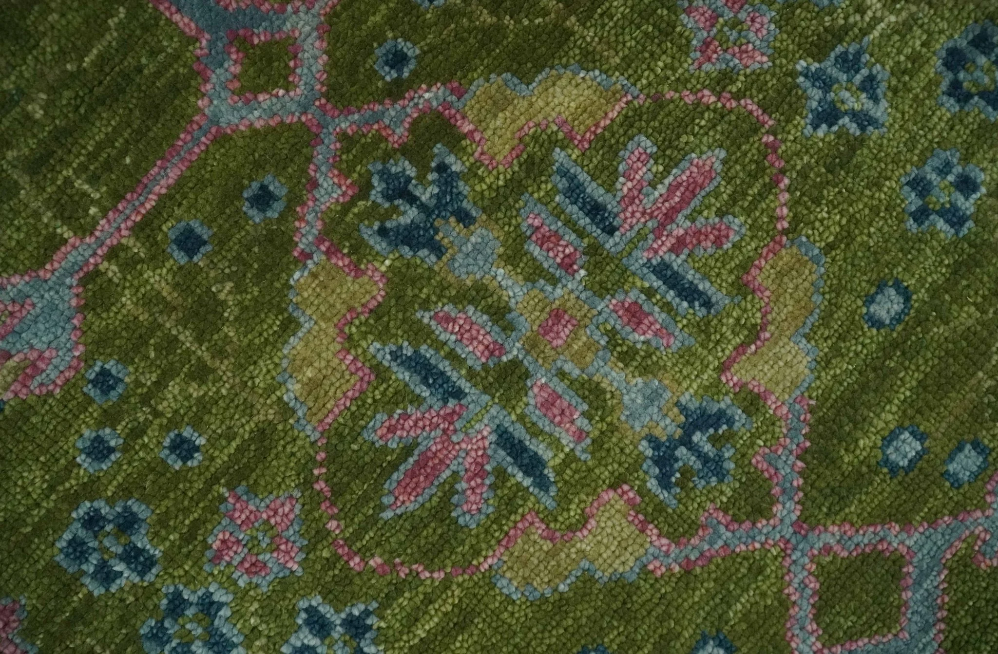 Moss Green, Blue and Peach Hand Knotted Vibrant colorful Donegal Design Multi Size Wool Area Rug - Image 5