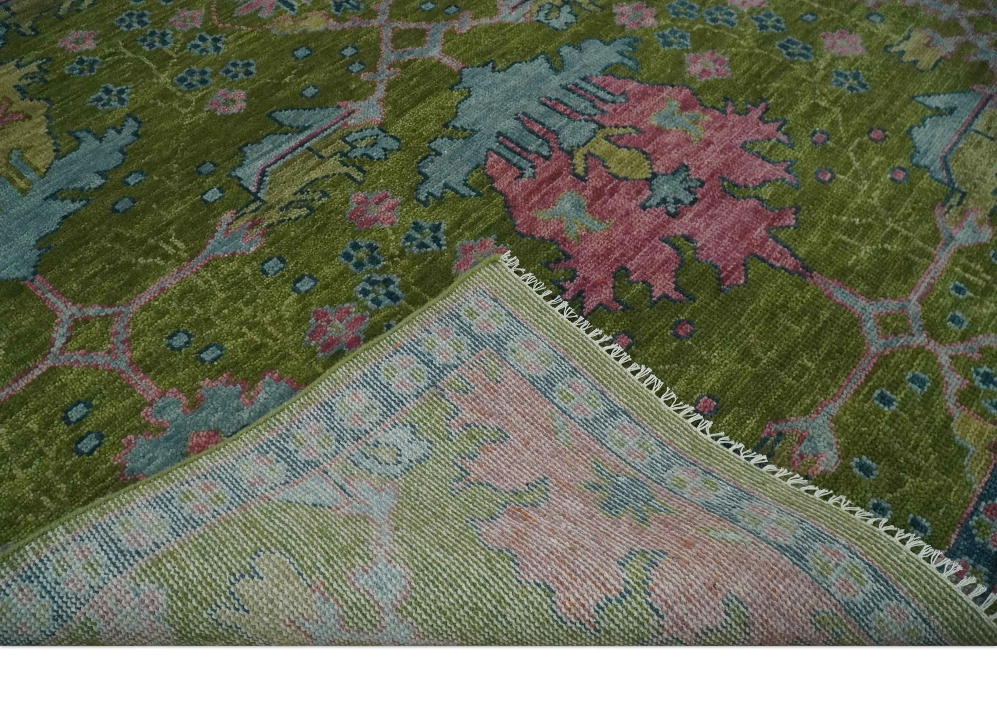 Moss Green, Blue and Peach Hand Knotted Vibrant colorful Donegal Design Multi Size Wool Area Rug - Image 8