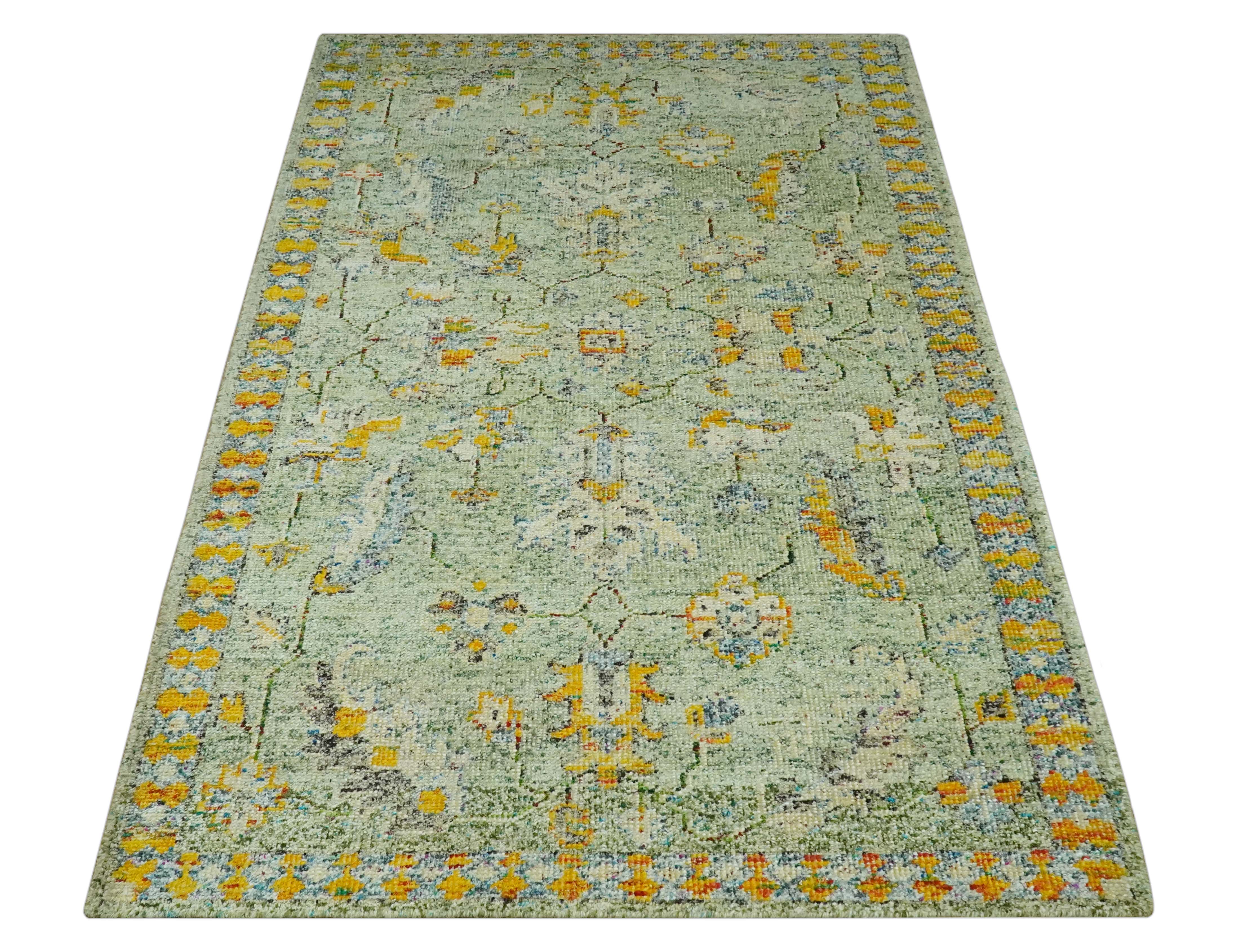 Green, Gold and Ivory 5x8 Hand knotted Traditional Oriental Oushak wool area rug - Image 10