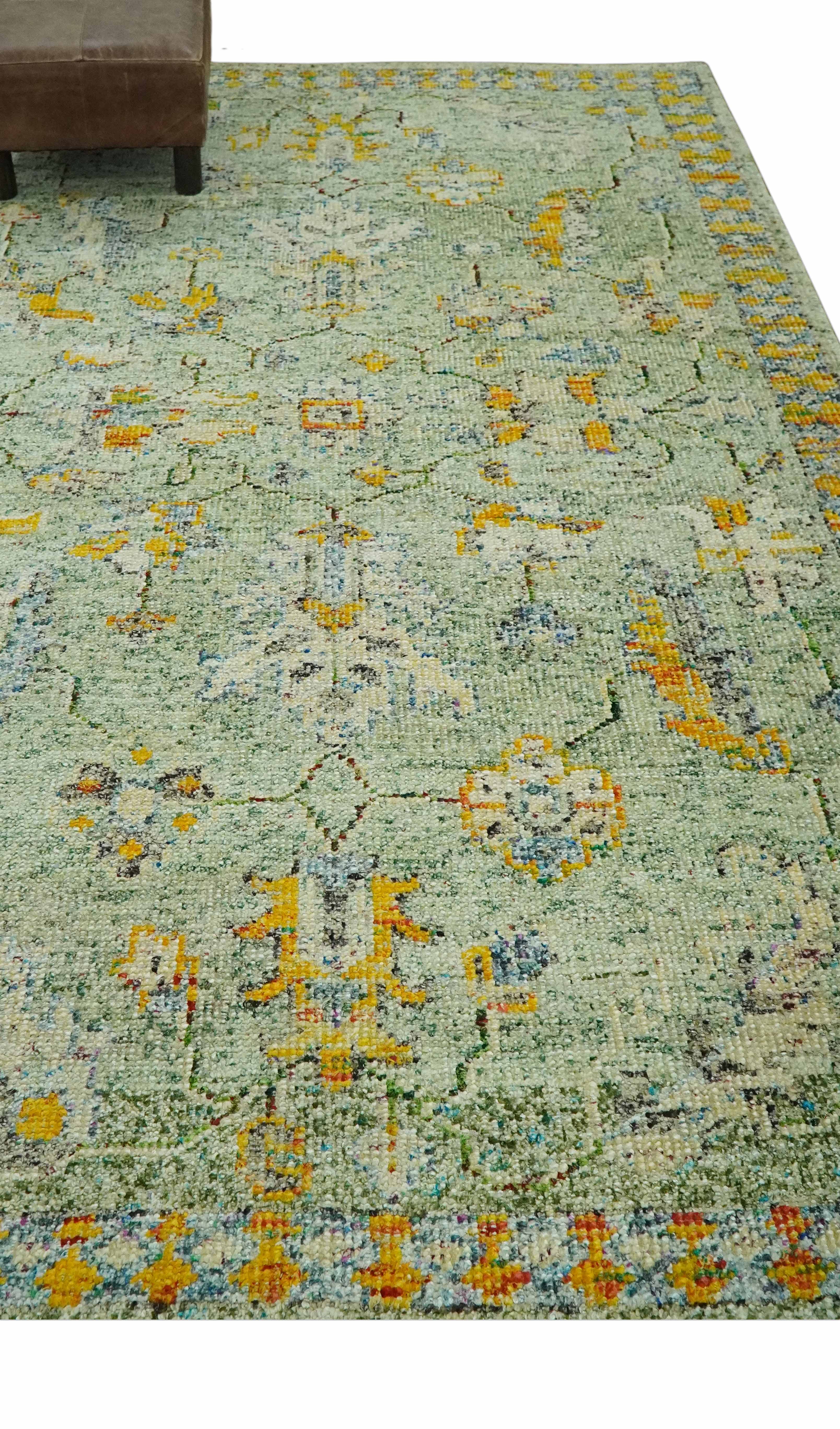 Green, Gold and Ivory 5x8 Hand knotted Traditional Oriental Oushak wool area rug - Image 3