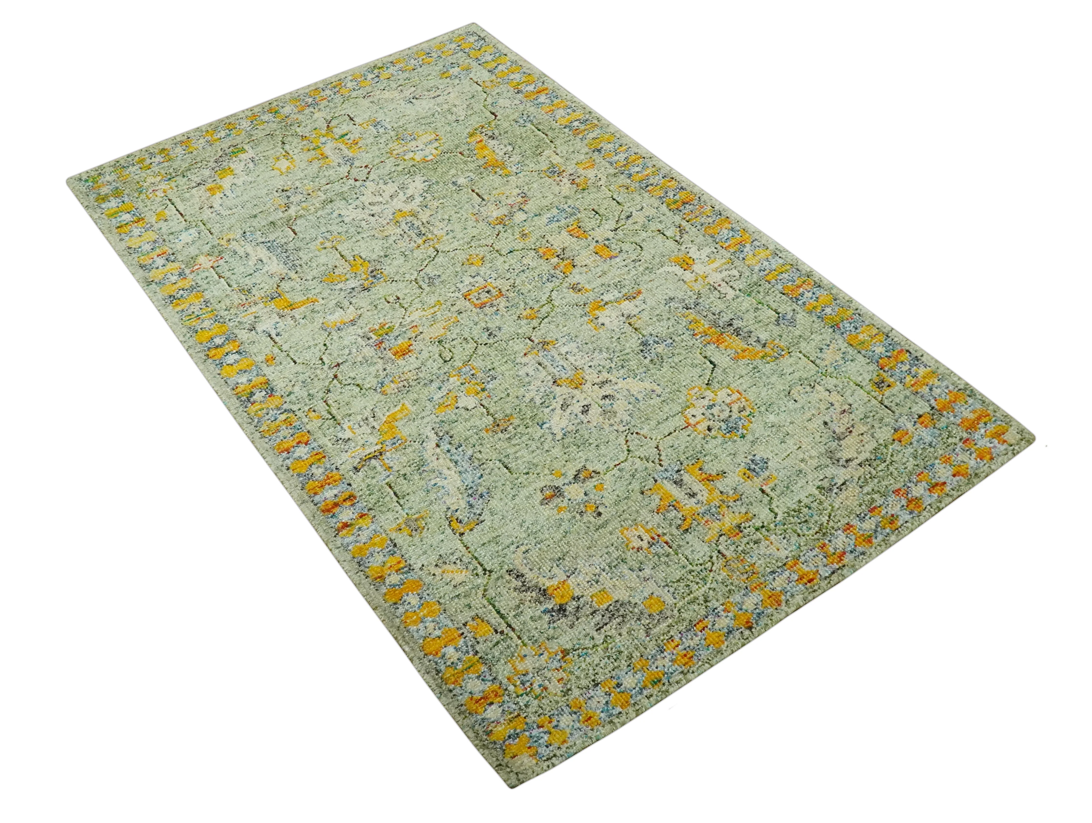 Green, Gold and Ivory 5x8 Hand knotted Traditional Oriental Oushak wool area rug - Image 9