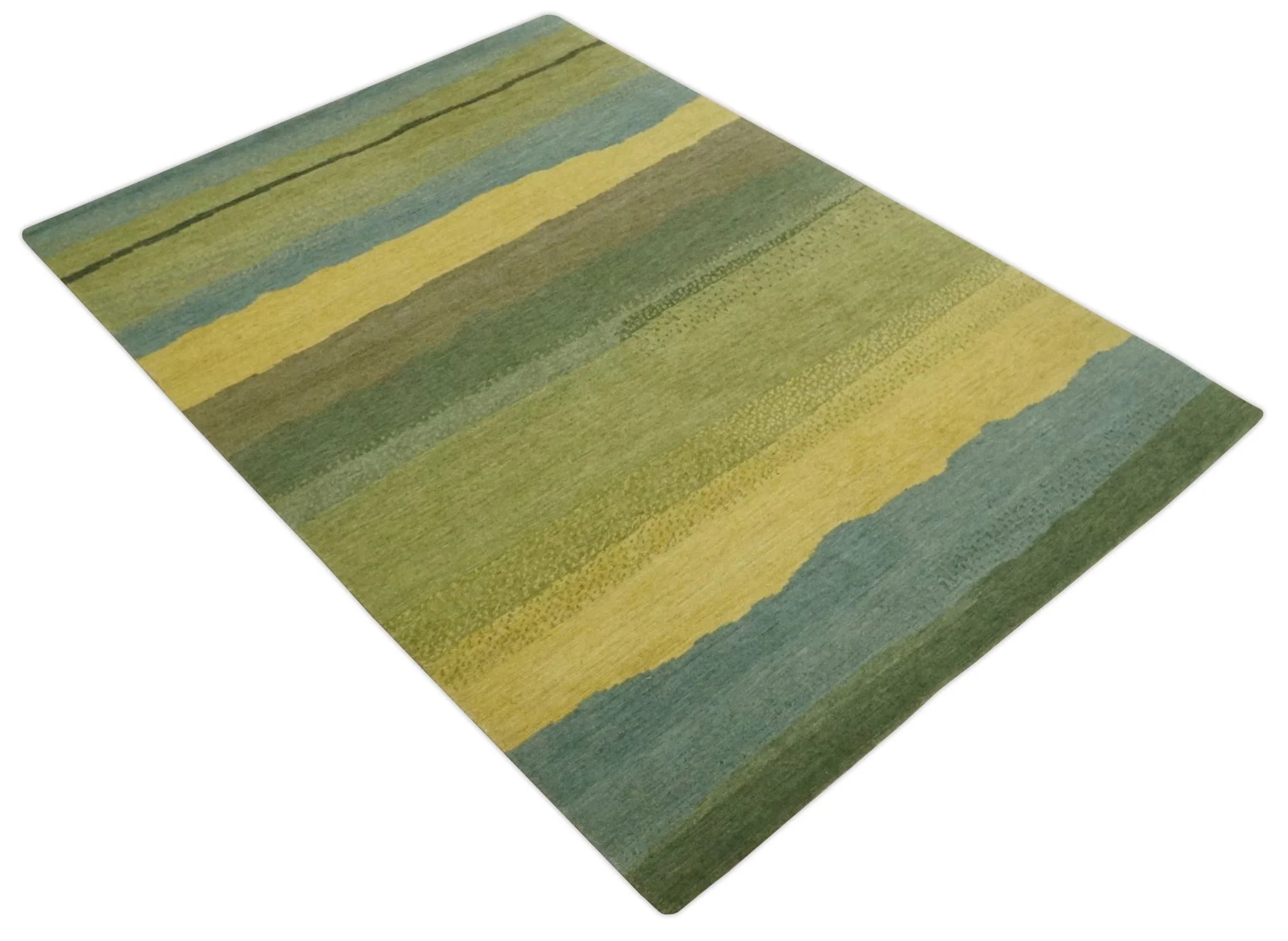 Green, Gold and Teal Modern Stripes Design Hand knotted 6x8 wool Area Rug - Image 10
