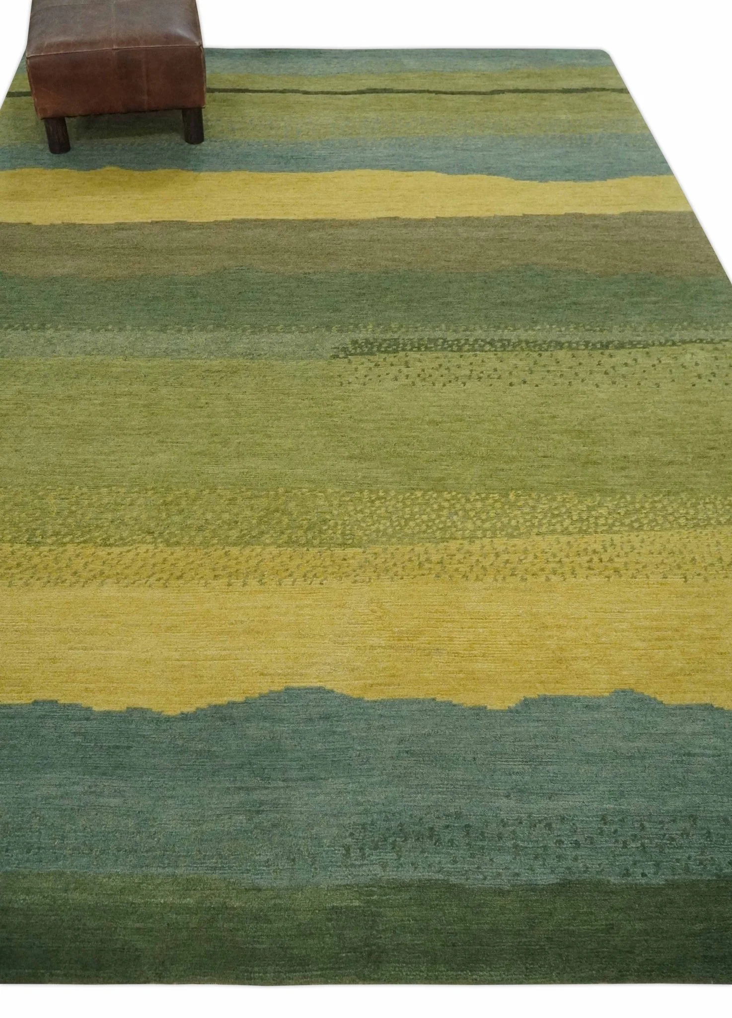 Green, Gold and Teal Modern Stripes Design Hand knotted 6x8 wool Area Rug - Image 3