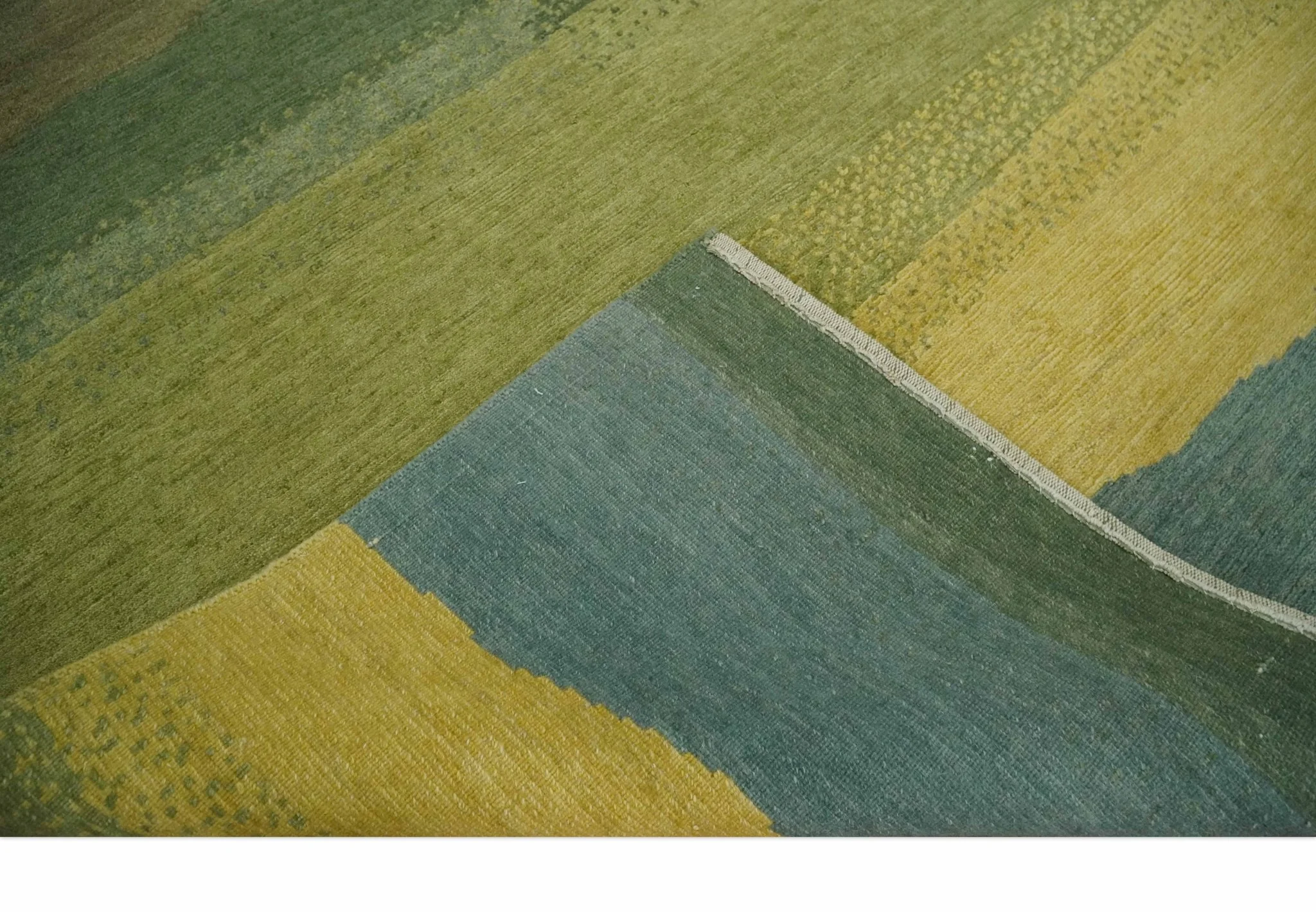 Green, Gold and Teal Modern Stripes Design Hand knotted 6x8 wool Area Rug - Image 8