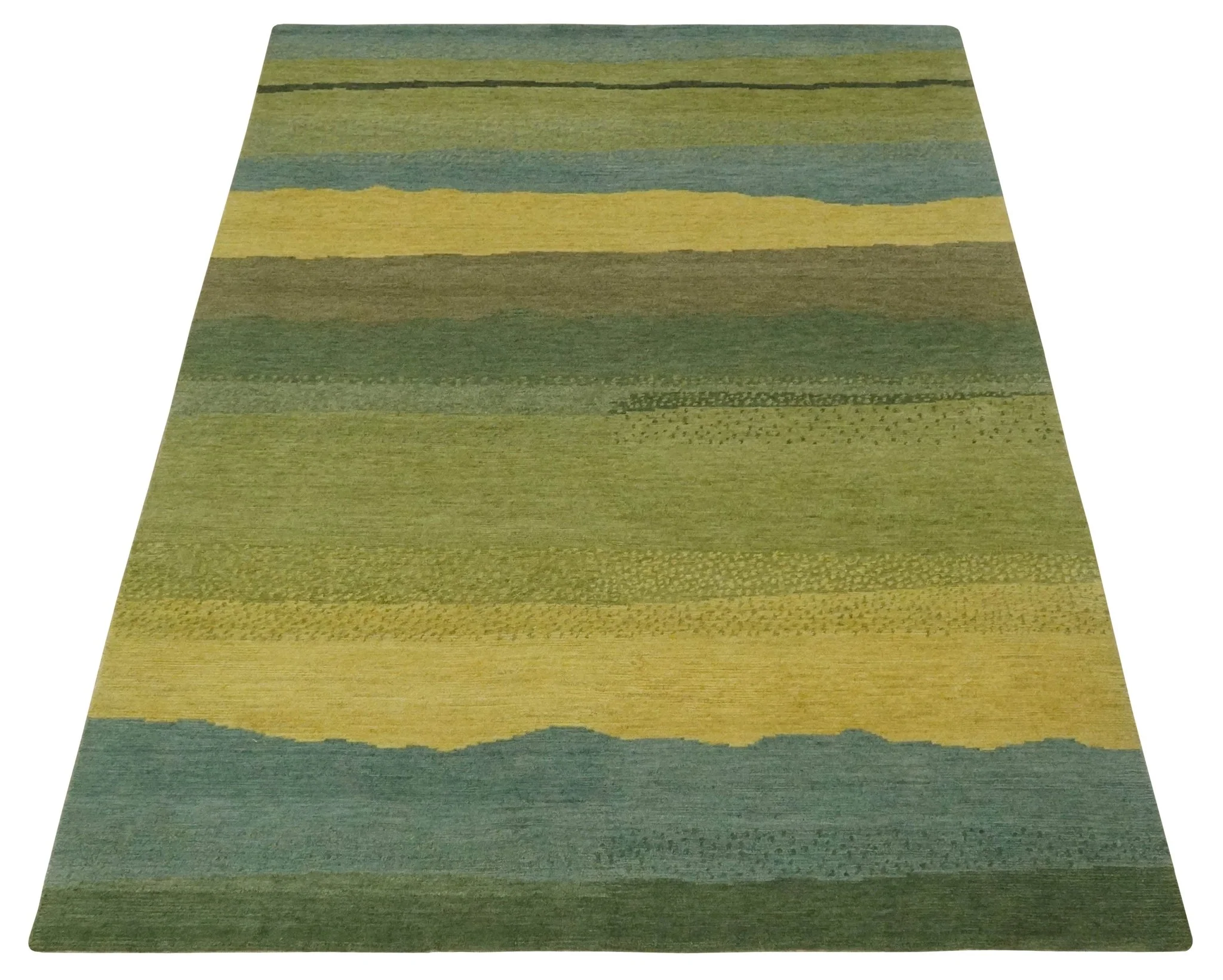 Green, Gold and Teal Modern Stripes Design Hand knotted 6x8 wool Area Rug - Image 9