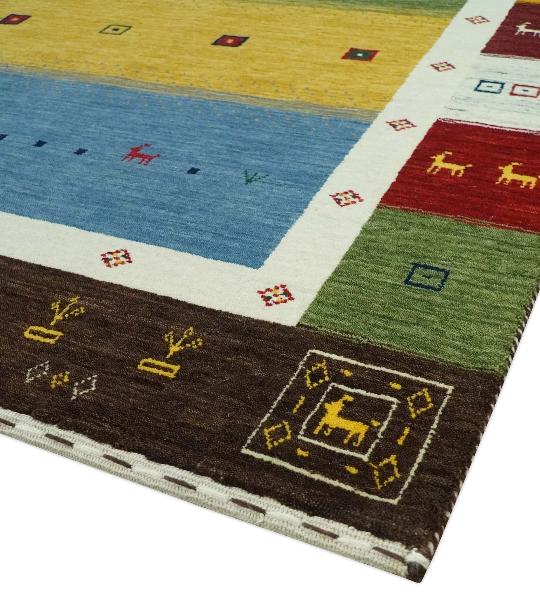 Tribal Gabbeh Green, Gold, Blue, Maroon and Ivory Stripes design Traditional Wool Area Rug - Image 5