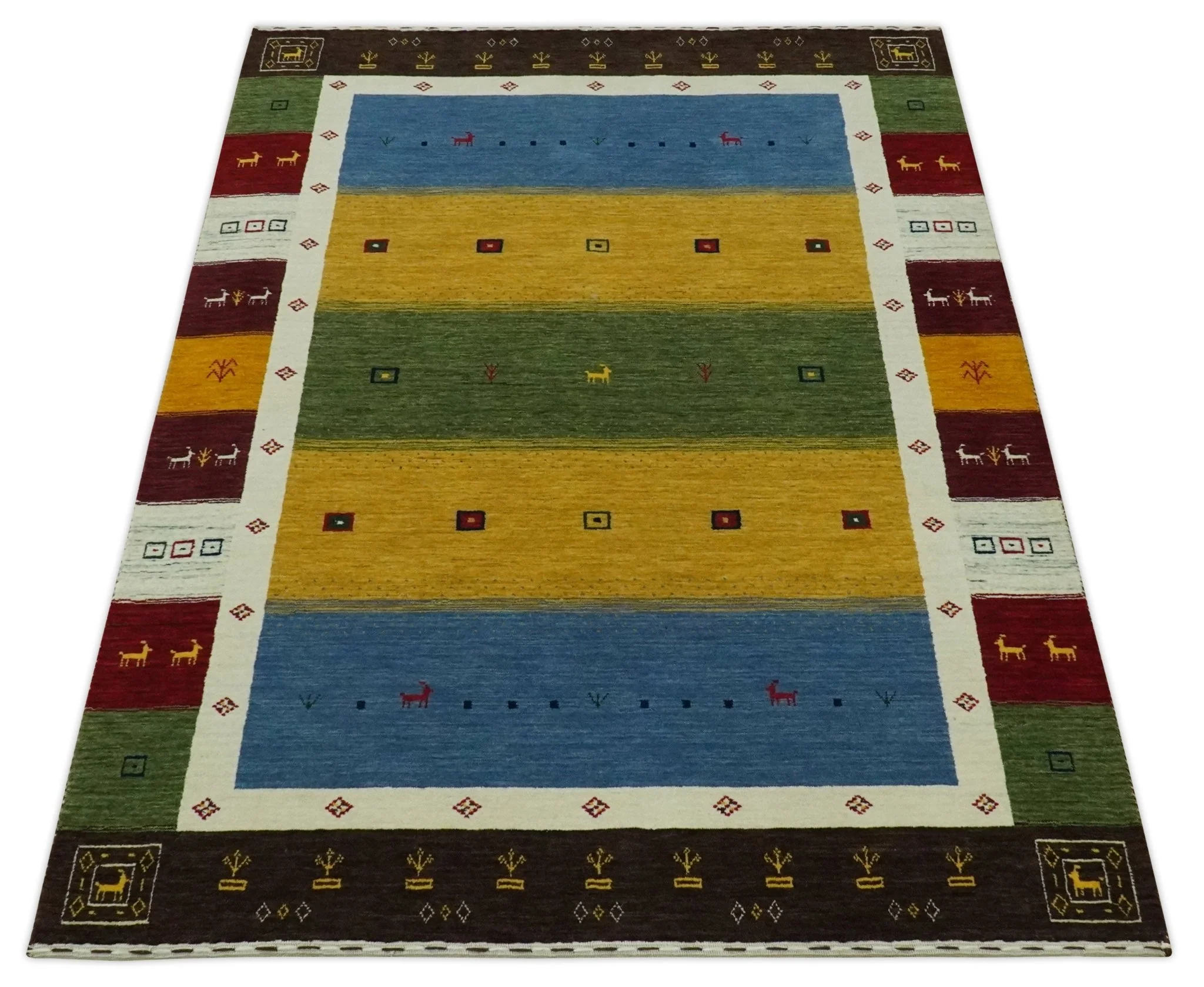 Tribal Gabbeh Green, Gold, Blue, Maroon and Ivory Stripes Design Traditional Hand loom 4.6x6.6 Wool Area Rug - Image 10