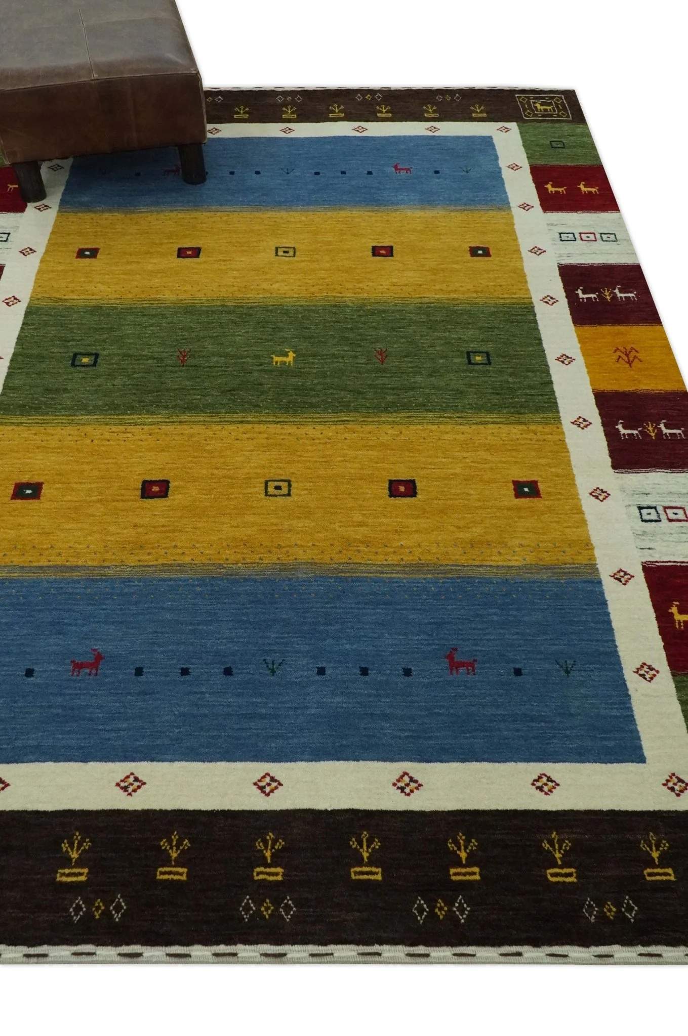 Tribal Gabbeh Green, Gold, Blue, Maroon and Ivory Stripes Design Traditional Hand loom 4.6x6.6 Wool Area Rug - Image 3
