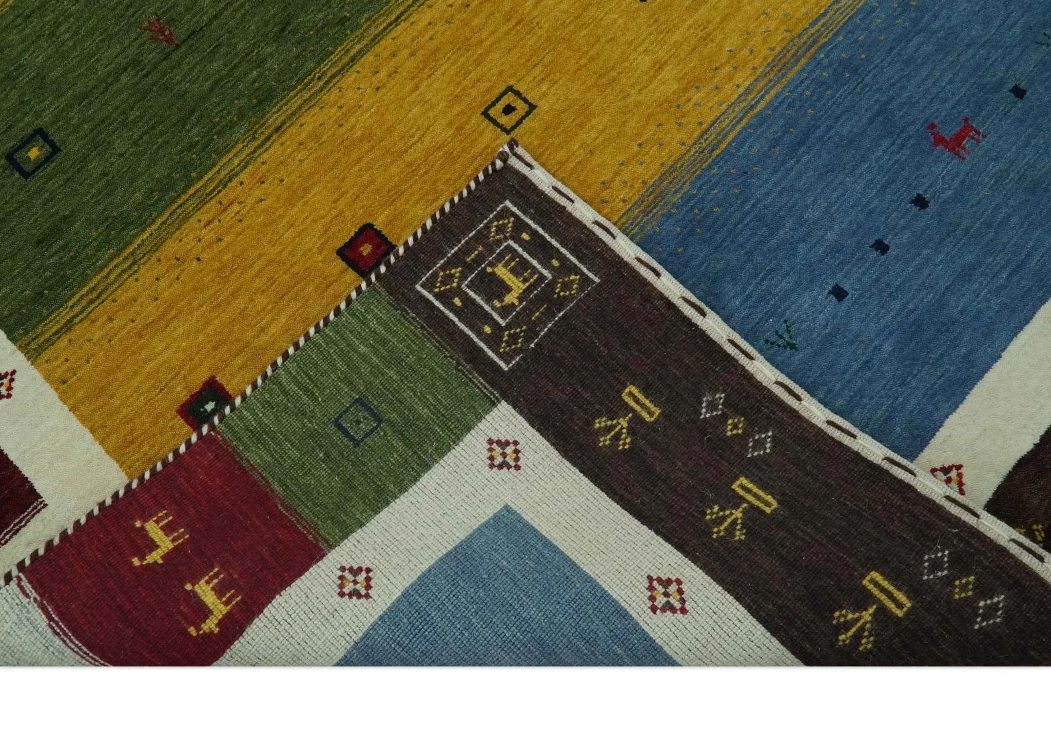 Tribal Gabbeh Green, Gold, Blue, Maroon and Ivory Stripes Design Traditional Hand loom 4.6x6.6 Wool Area Rug - Image 7