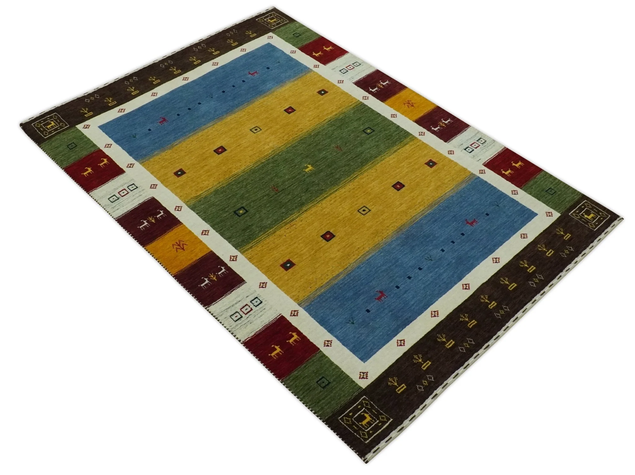 Tribal Gabbeh Green, Gold, Blue, Maroon and Ivory Stripes Design Traditional Hand loom 4.6x6.6 Wool Area Rug - Image 9