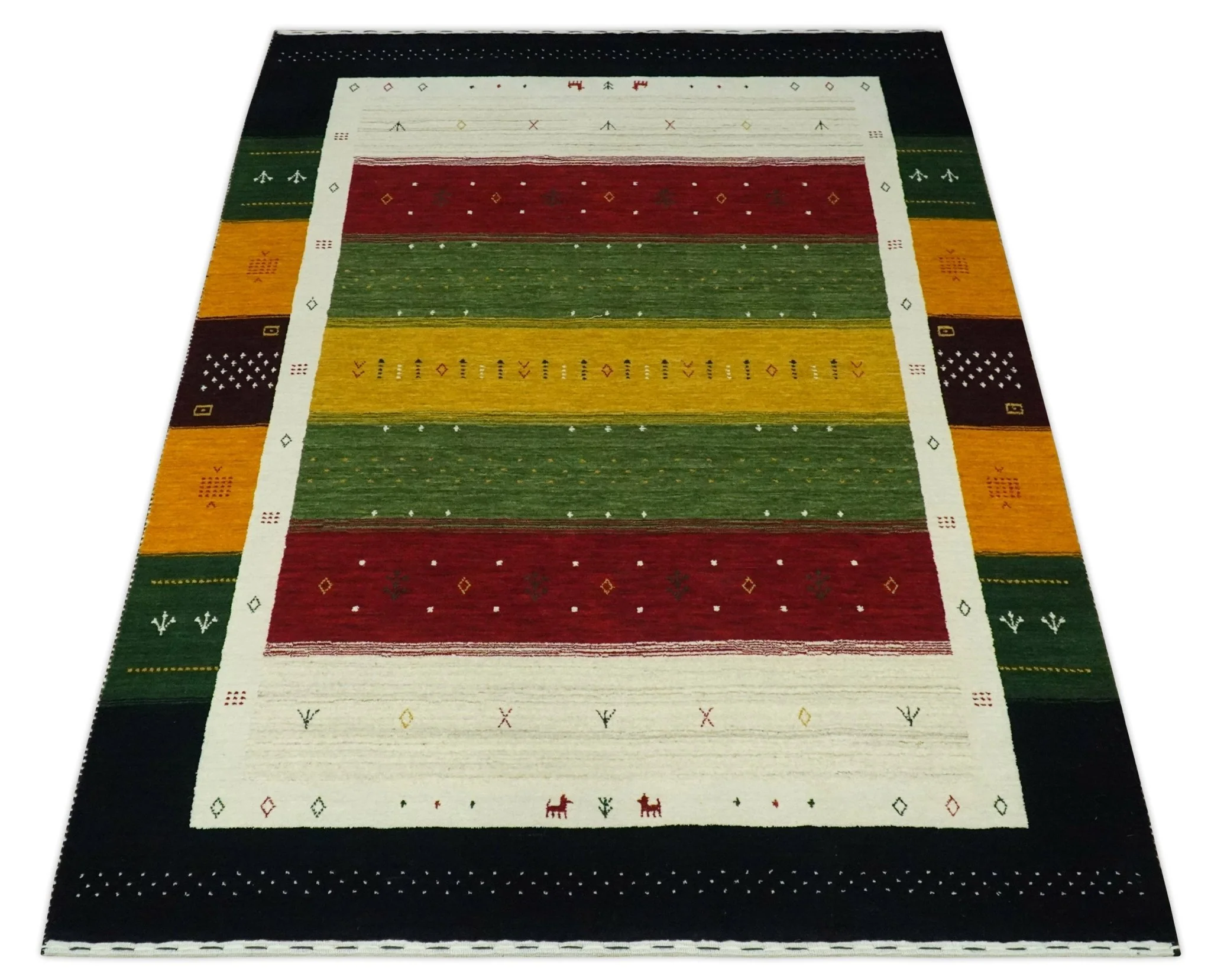 Tribal Gabbeh Green, Gold, Ivory, Maroon and Black Stripes design Traditional Hand loom 4.6x7 Wool Area Rug - Image 10