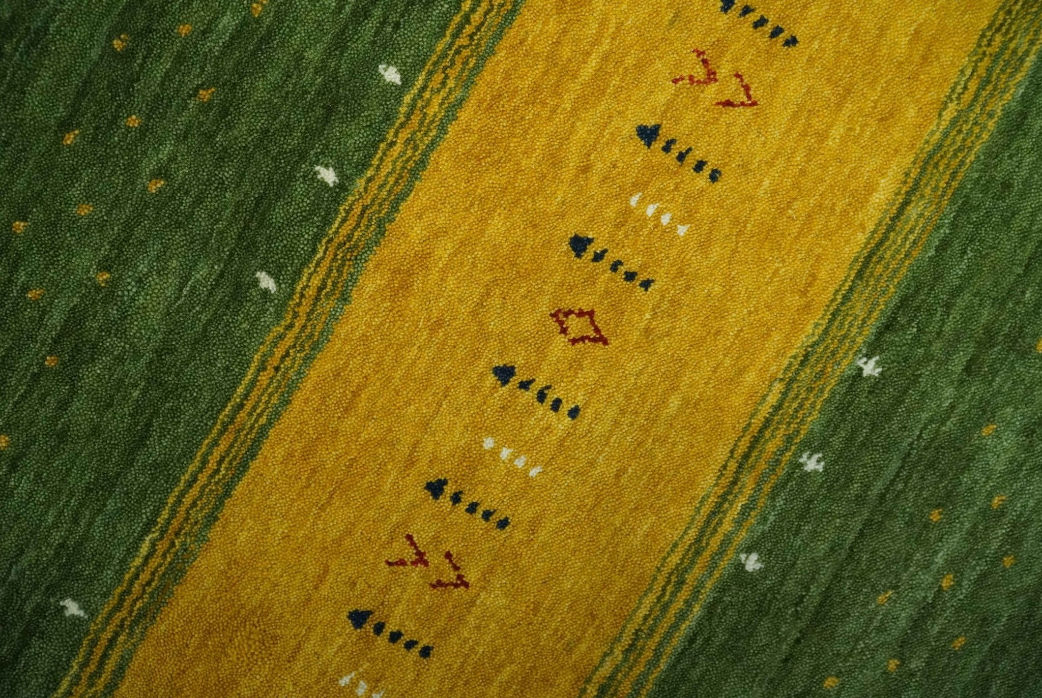 Tribal Gabbeh Green, Gold, Ivory, Maroon and Black Stripes design Traditional Hand loom 4.6x7 Wool Area Rug - Image 4
