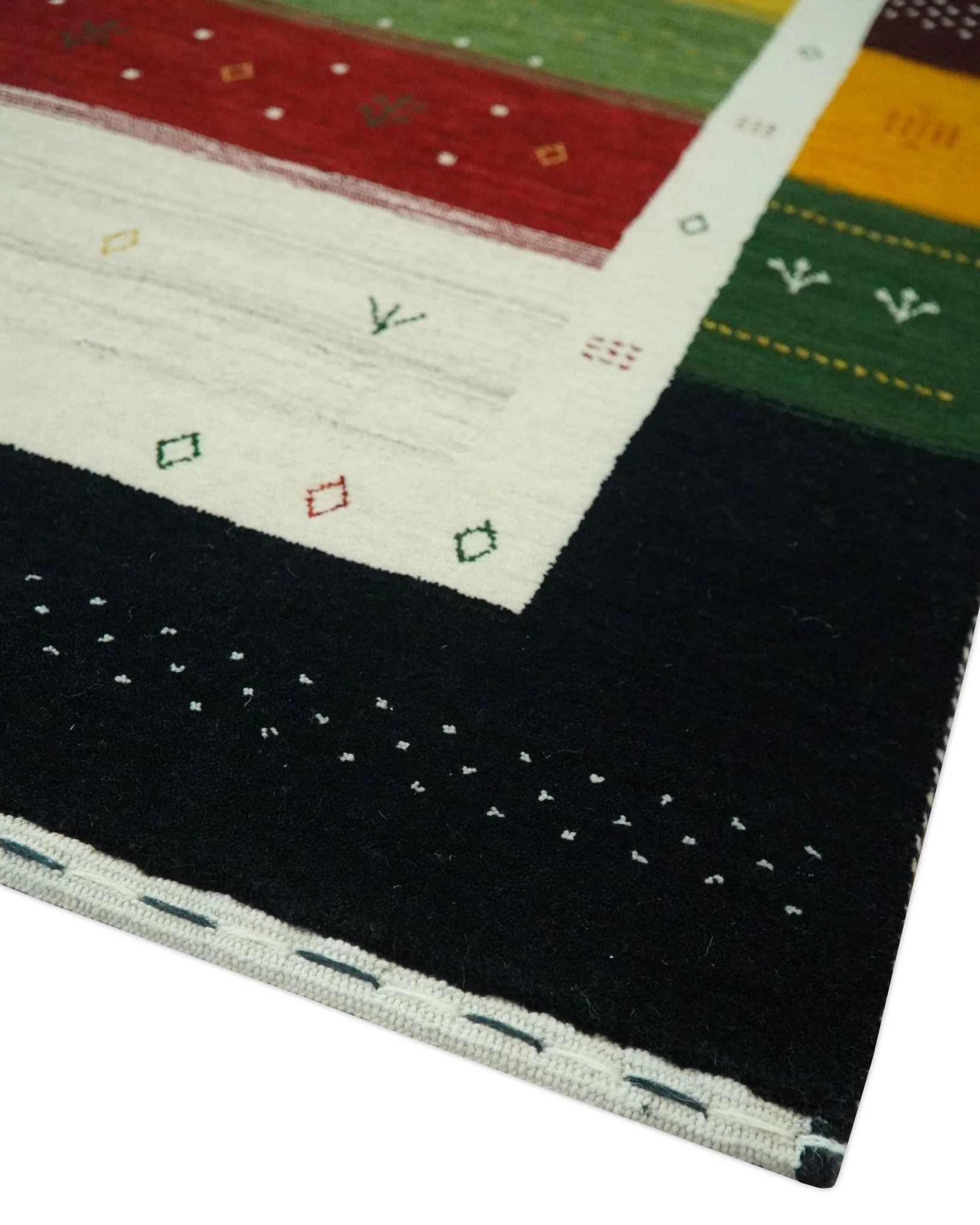 Tribal Gabbeh Green, Gold, Ivory, Maroon and Black Stripes design Traditional Hand loom 4.6x7 Wool Area Rug - Image 5