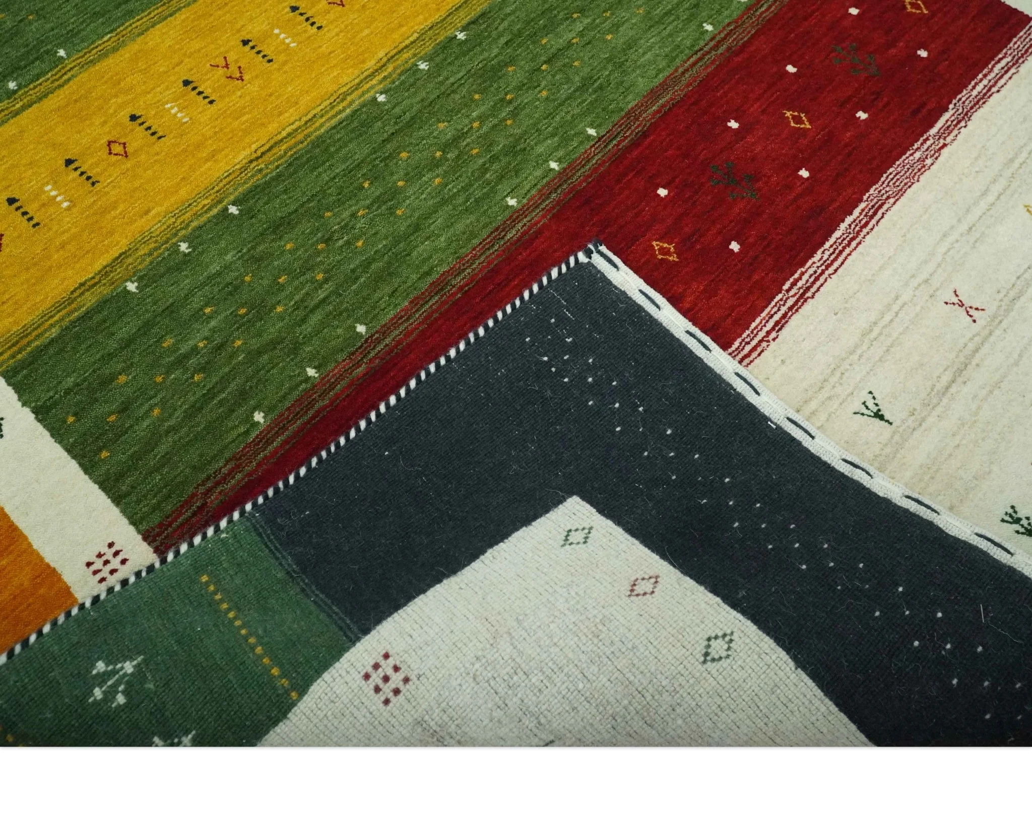 Tribal Gabbeh Green, Gold, Ivory, Maroon and Black Stripes design Traditional Hand loom 4.6x7 Wool Area Rug - Image 6