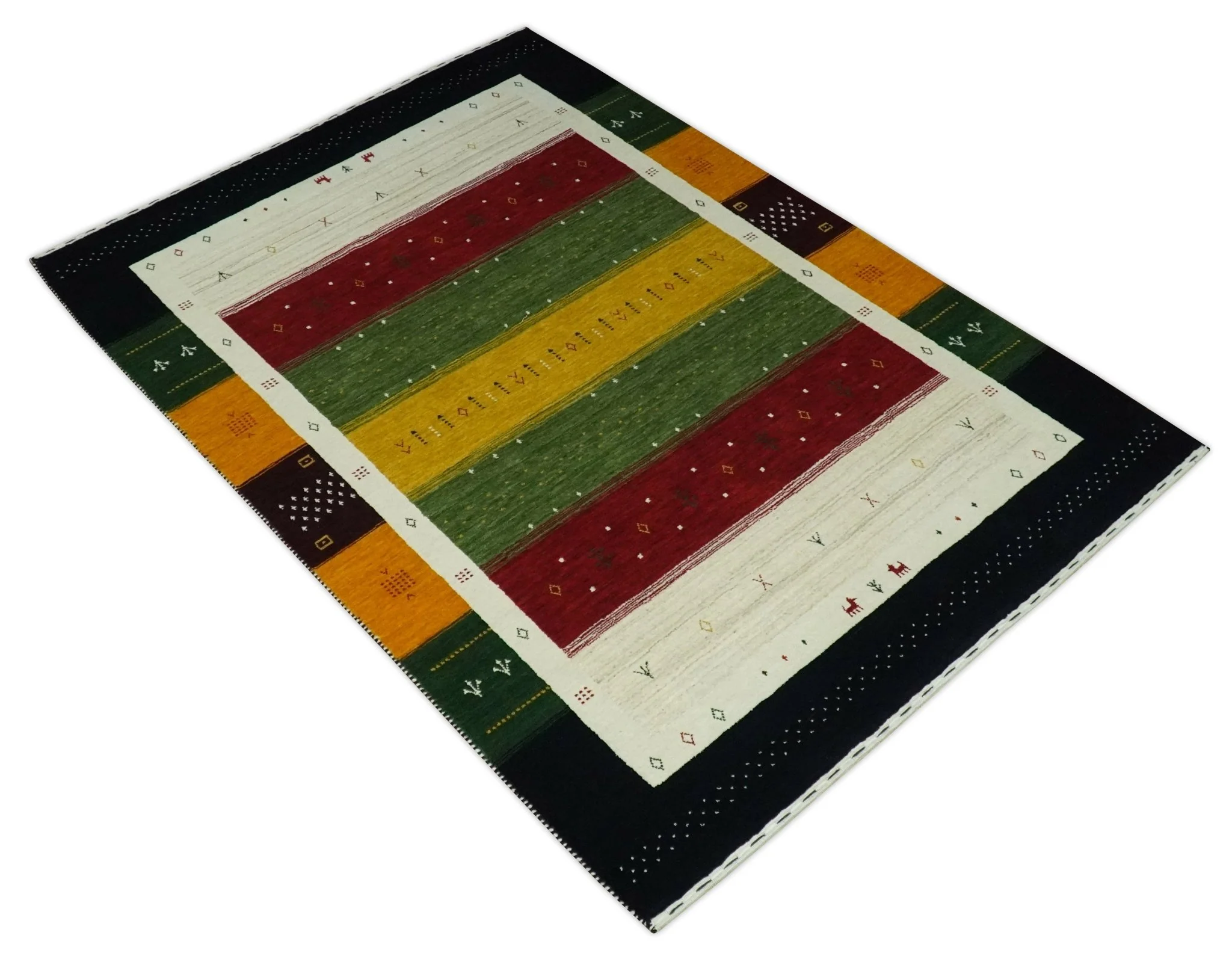 Tribal Gabbeh Green, Gold, Ivory, Maroon and Black Stripes design Traditional Hand loom 4.6x7 Wool Area Rug - Image 9