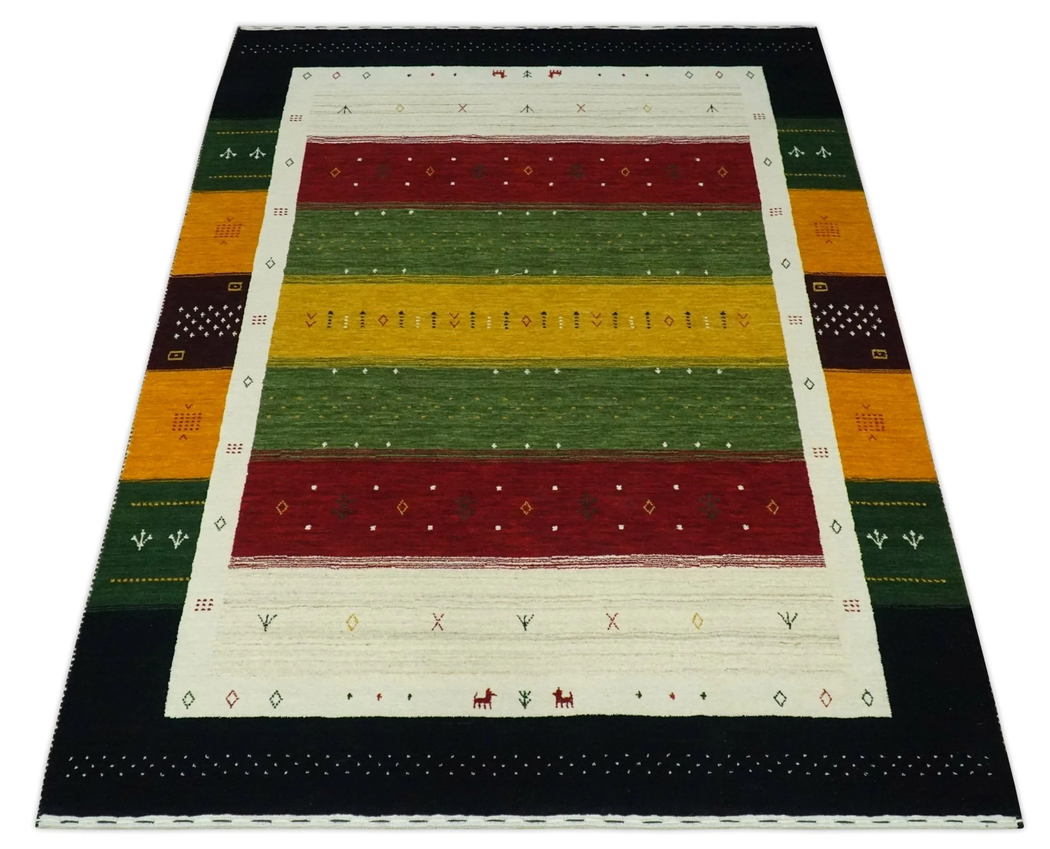 Tribal Gabbeh Green, Gold, Ivory, Maroon and Black Stripes design Traditional Hand loom Wool Area Rug - Image 10