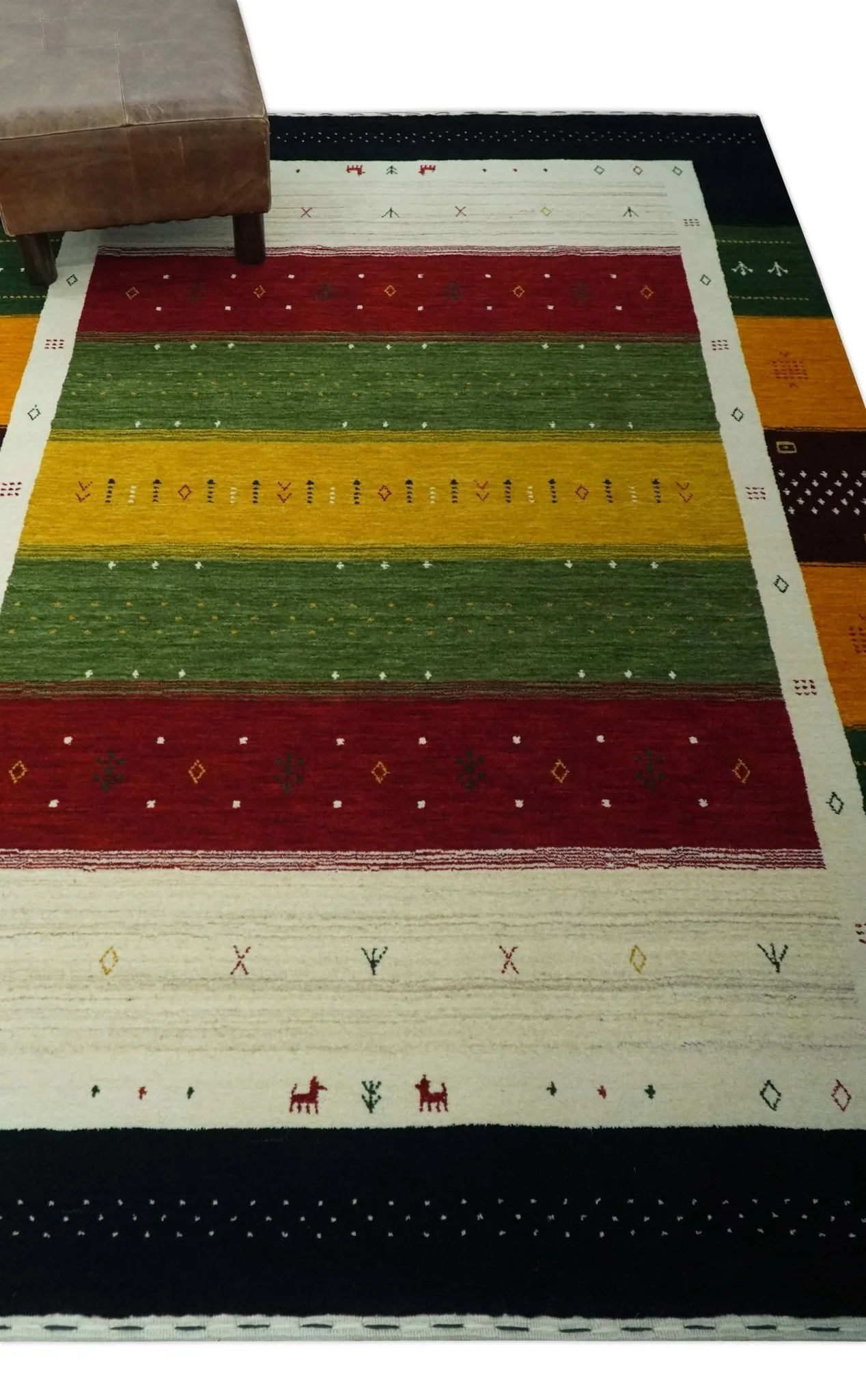 Tribal Gabbeh Green, Gold, Ivory, Maroon and Black Stripes design Traditional Hand loom Wool Area Rug - Image 3