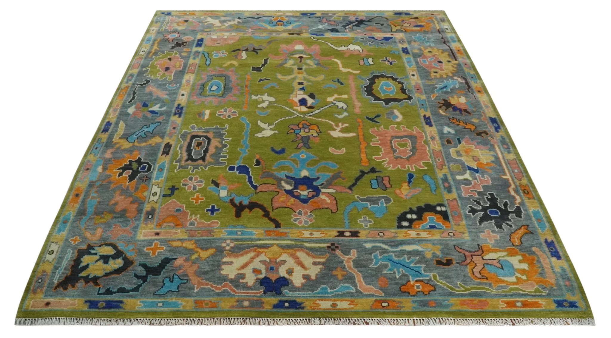 Custom Made Green, Gray and Peach Colorful Hand knotted Traditional Oushak wool Area Rug - Image 10