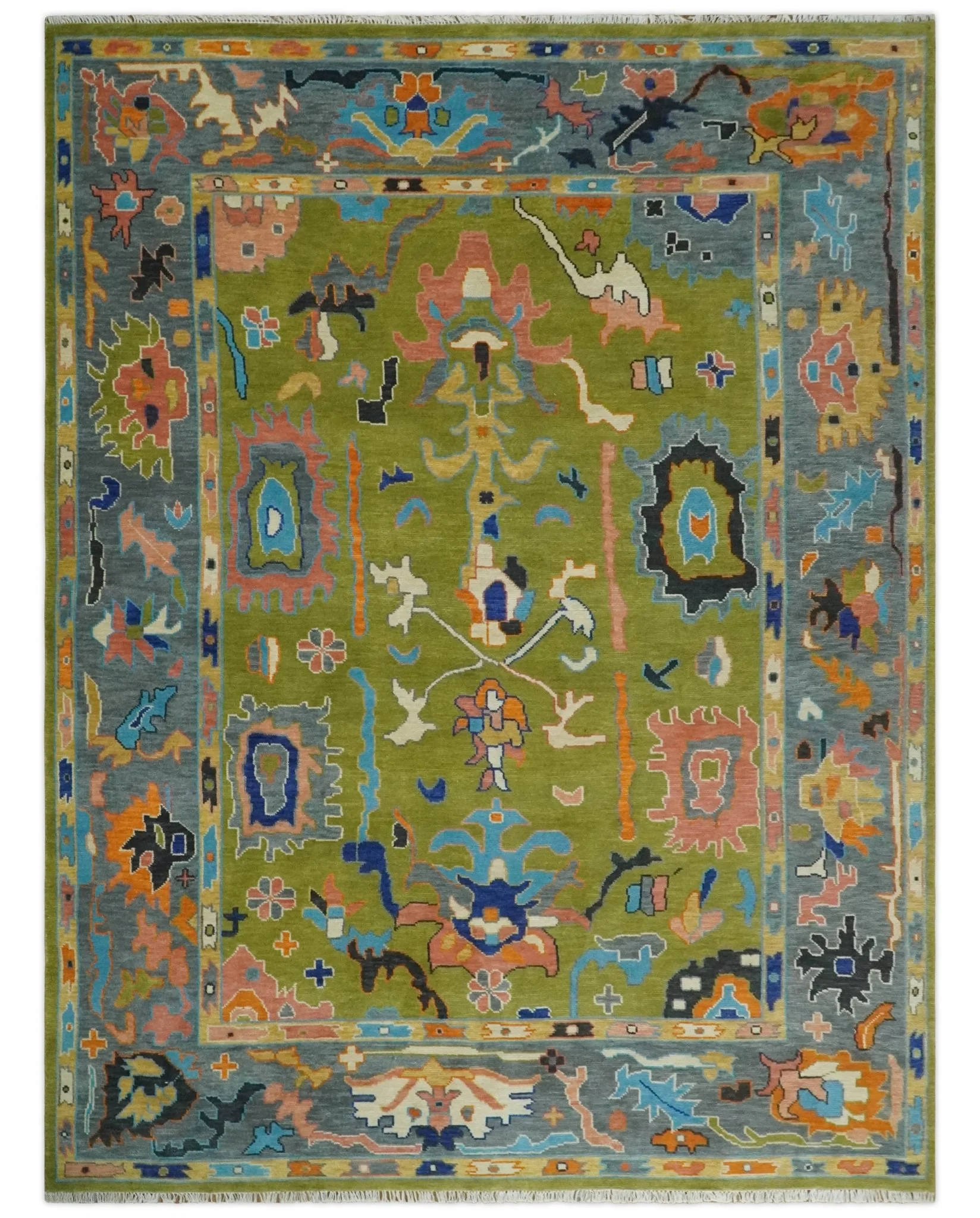 Custom Made Green, Gray and Peach Colorful Hand knotted Traditional Oushak wool Area Rug - Image 12