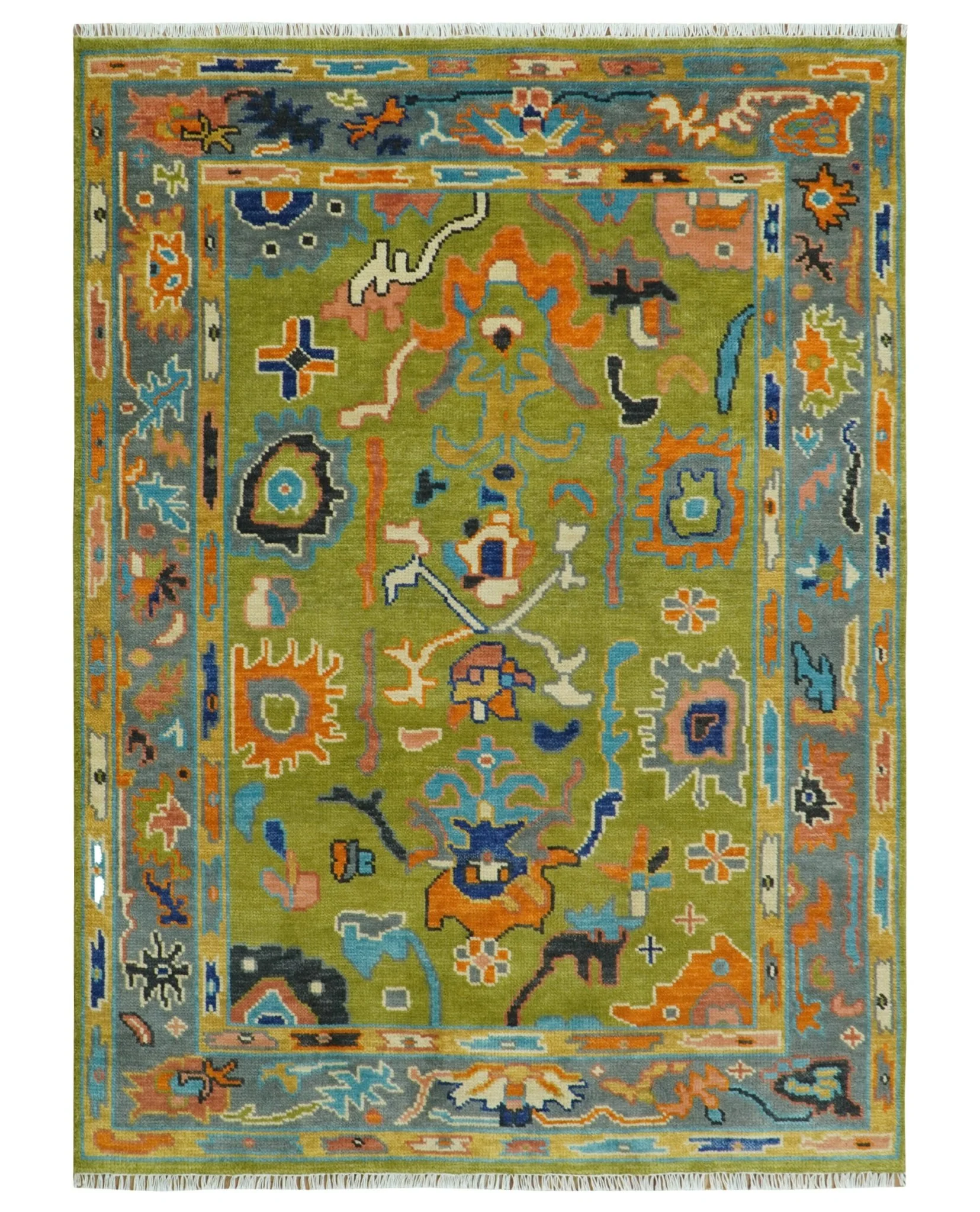 Custom Made Green, Gray and Peach Colorful Hand knotted Traditional Oushak wool Area Rug - Image 19