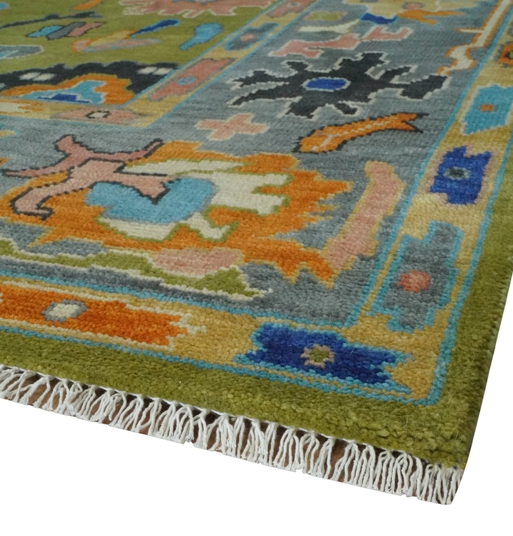 Custom Made Green, Gray and Peach Colorful Hand knotted Traditional Oushak wool Area Rug - Image 6