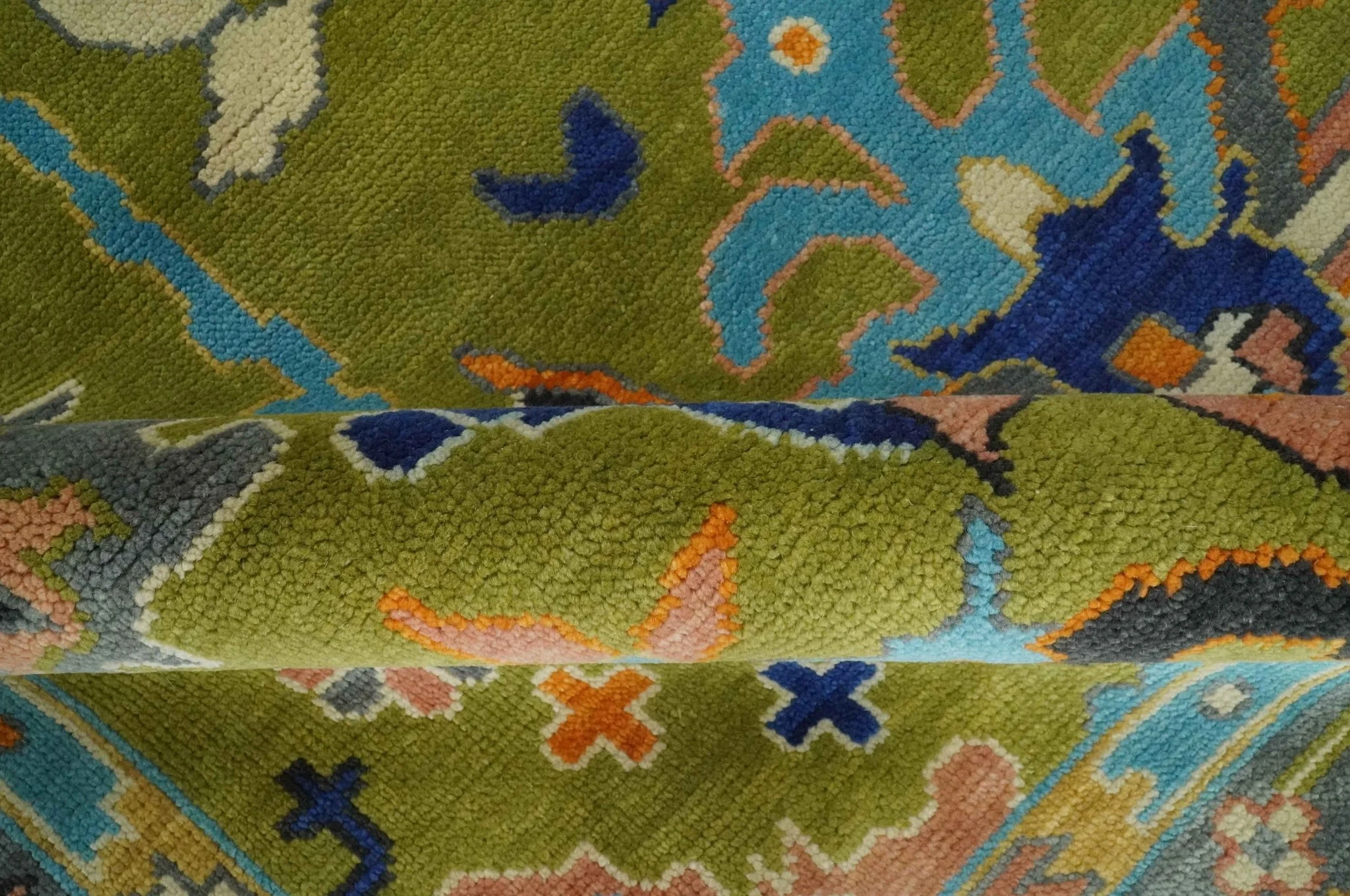 Custom Made Green, Gray and Peach Colorful Hand knotted Traditional Oushak wool Area Rug - Image 7