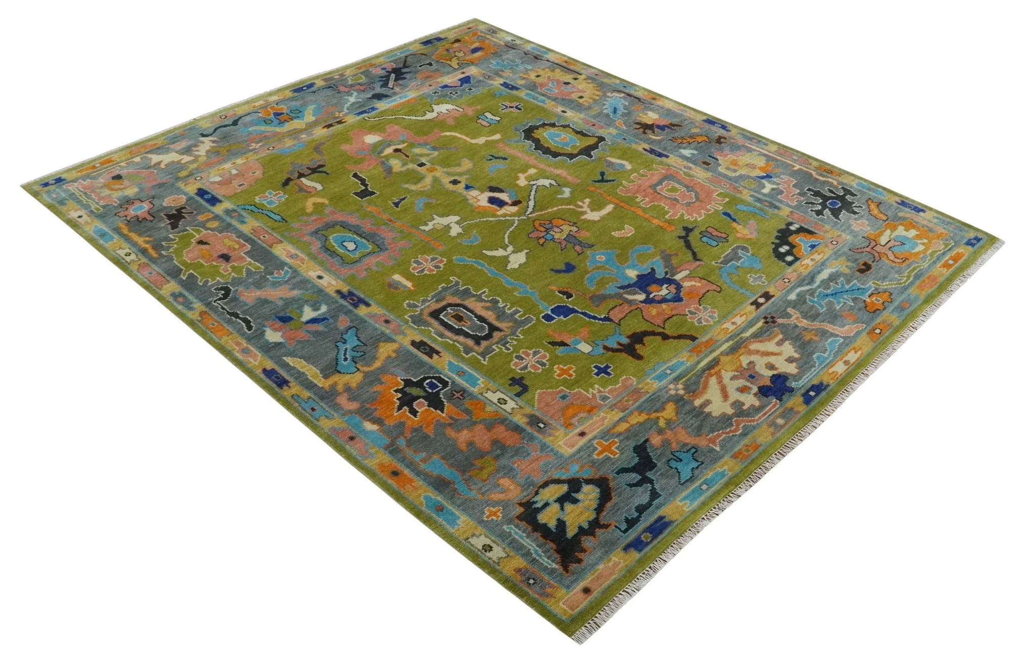 Green, Gray and Peach Vibrant Colorful Hand knotted Traditional Oushak 8x10 and 9x12 wool Area Rug - Image 11
