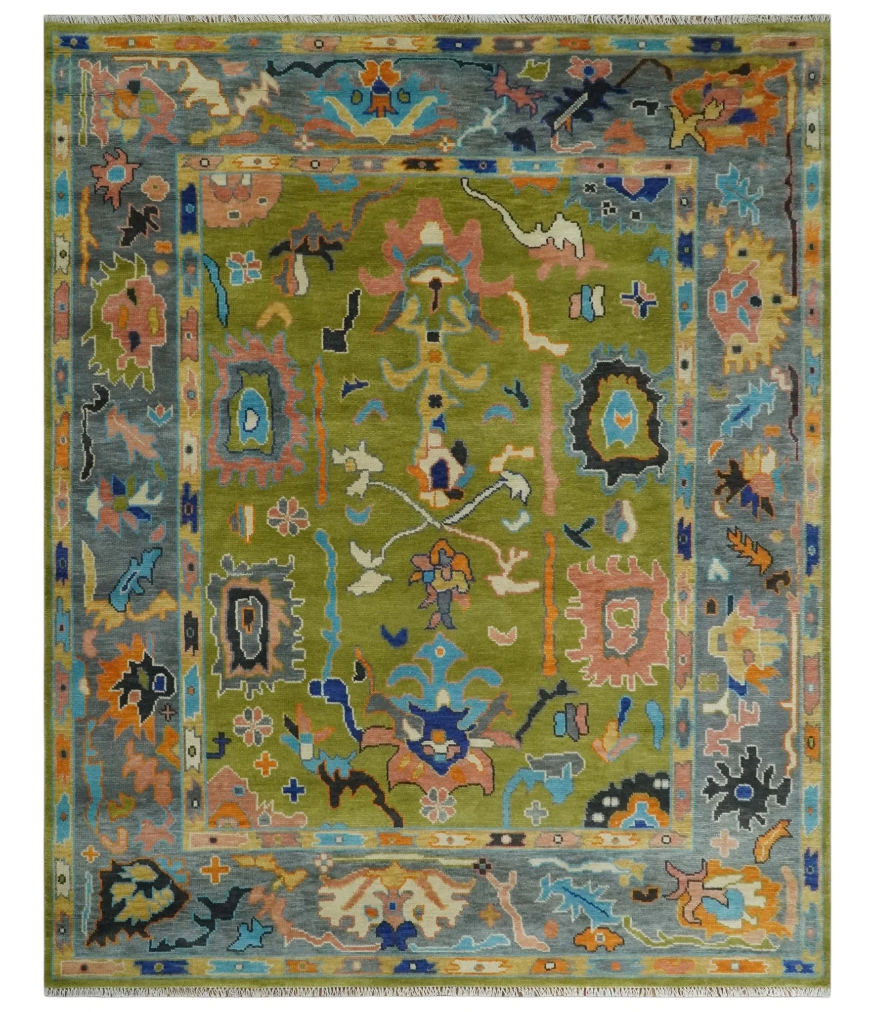 Green, Gray and Peach Vibrant Colorful Hand knotted Traditional Oushak 8x10 and 9x12 wool Area Rug - Image 2