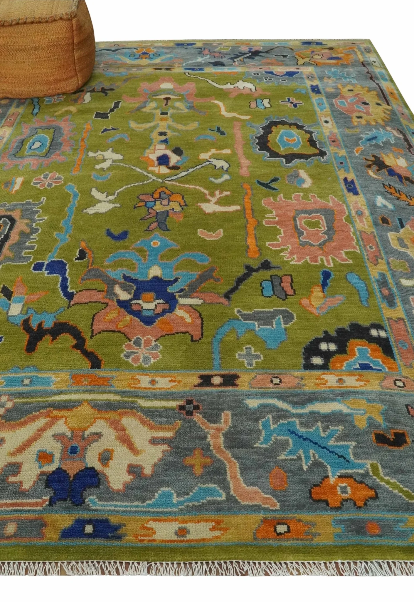 Green, Gray and Peach Vibrant Colorful Hand knotted Traditional Oushak 8x10 and 9x12 wool Area Rug - Image 4
