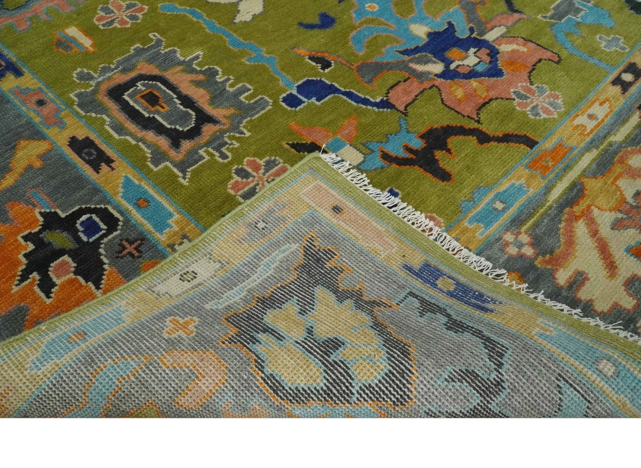 Green, Gray and Peach Vibrant Colorful Hand knotted Traditional Oushak 8x10 and 9x12 wool Area Rug - Image 9
