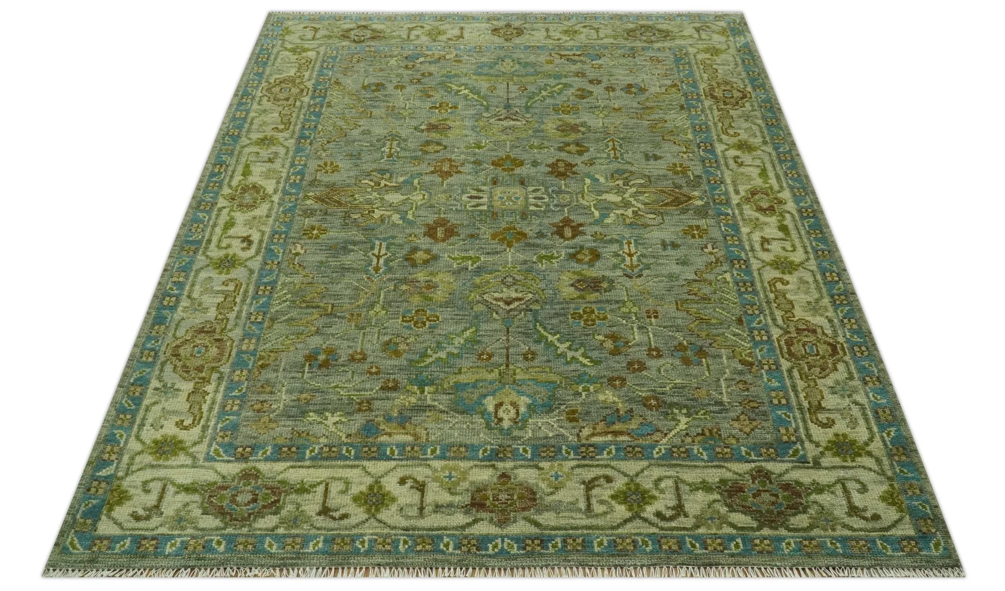Custom Made Green Hand Knotted Antique Design Traditional Oushak wool area rug - Image 10