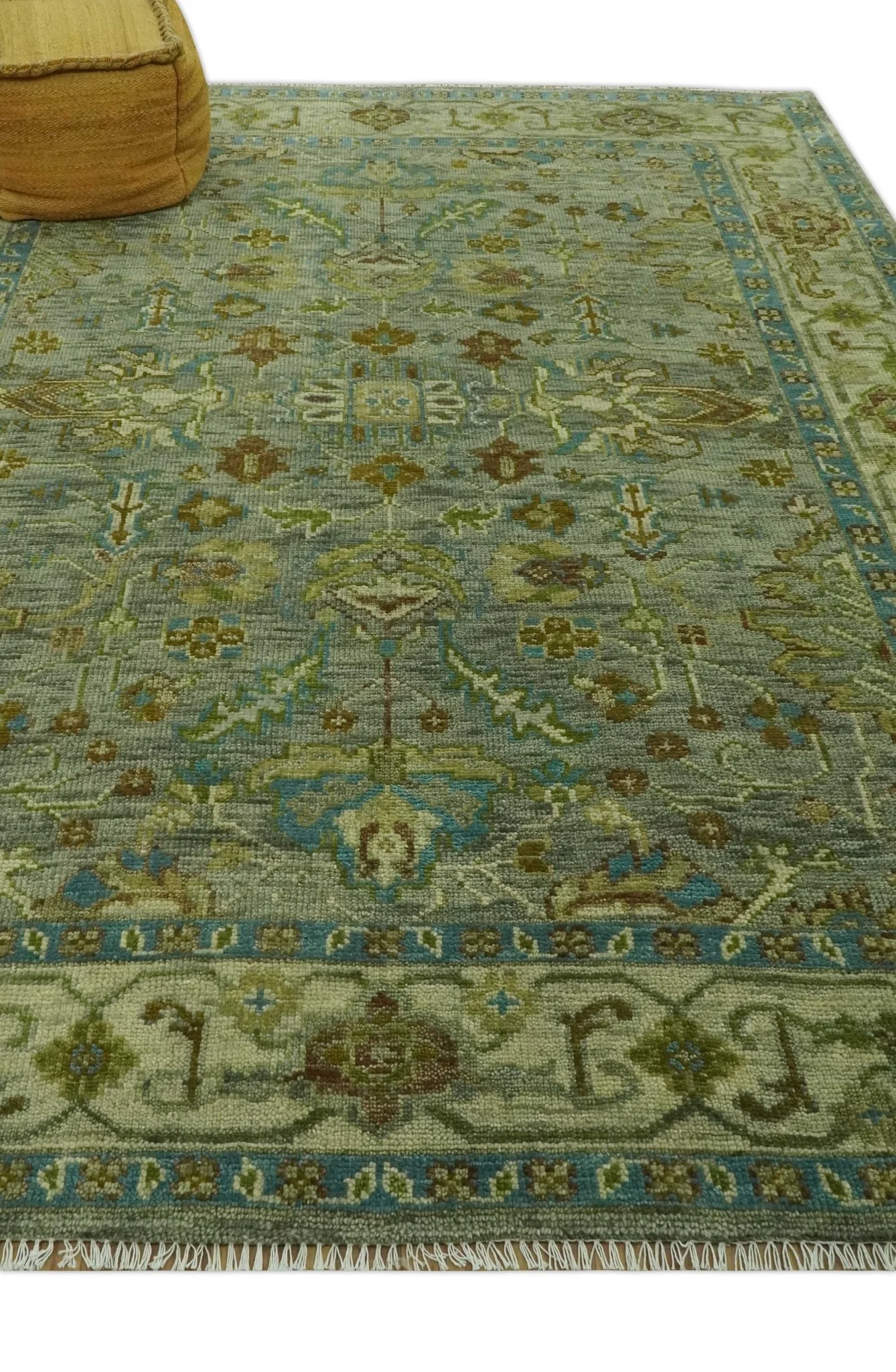 Custom Made Green Hand Knotted Antique Design Traditional Oushak wool area rug - Image 3