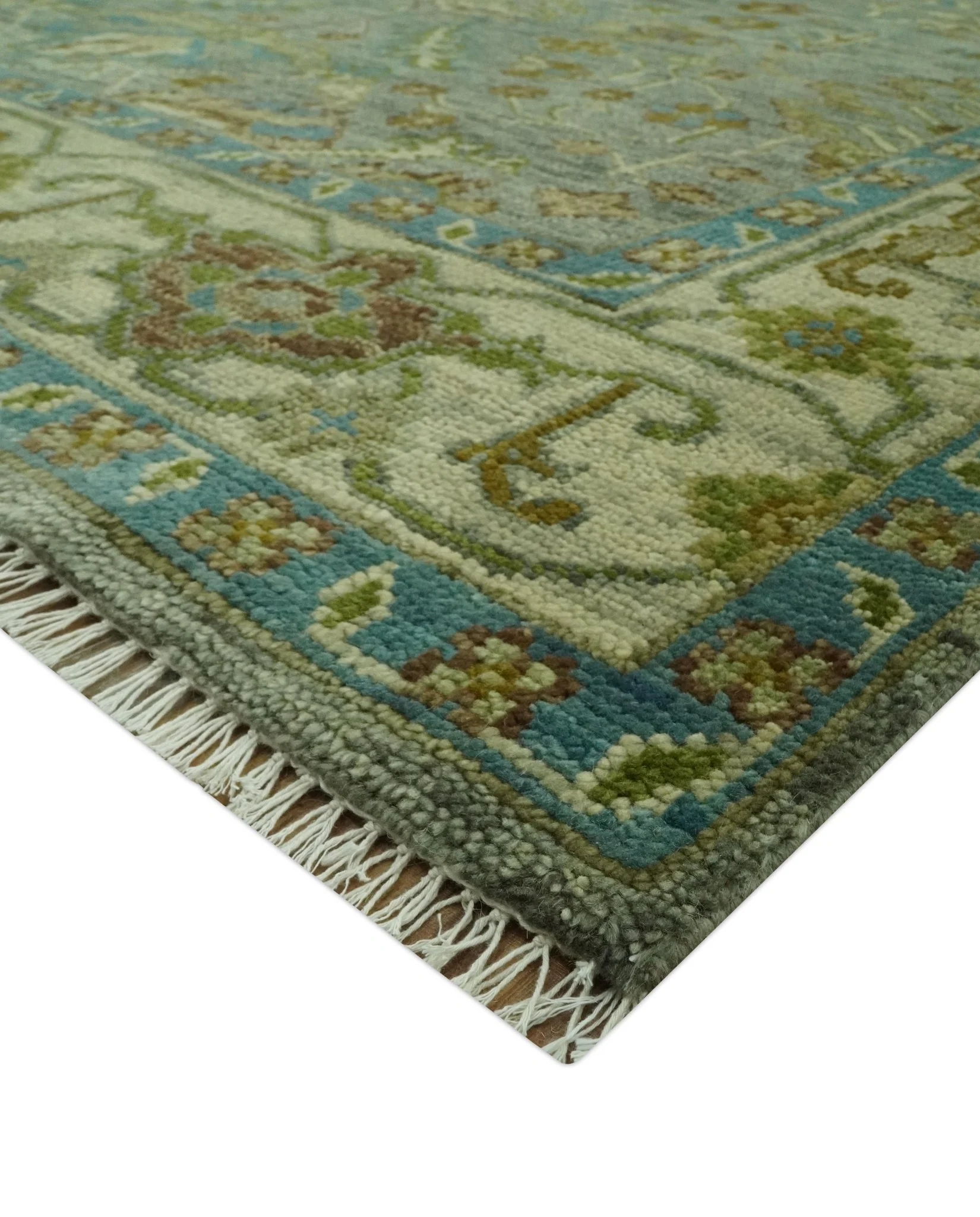 Custom Made Green Hand Knotted Antique Design Traditional Oushak wool area rug - Image 5