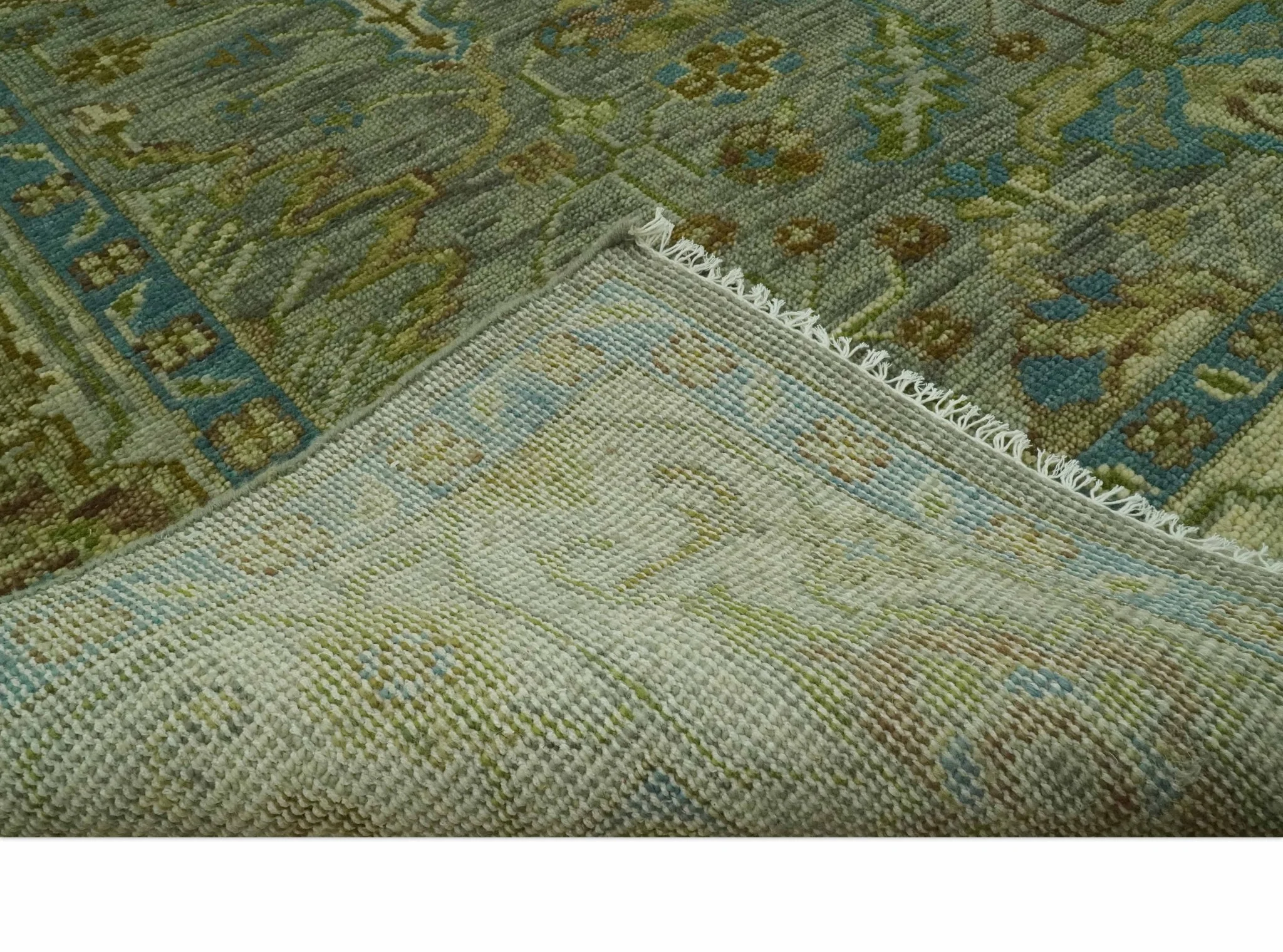 Custom Made Green Hand Knotted Antique Design Traditional Oushak wool area rug - Image 7